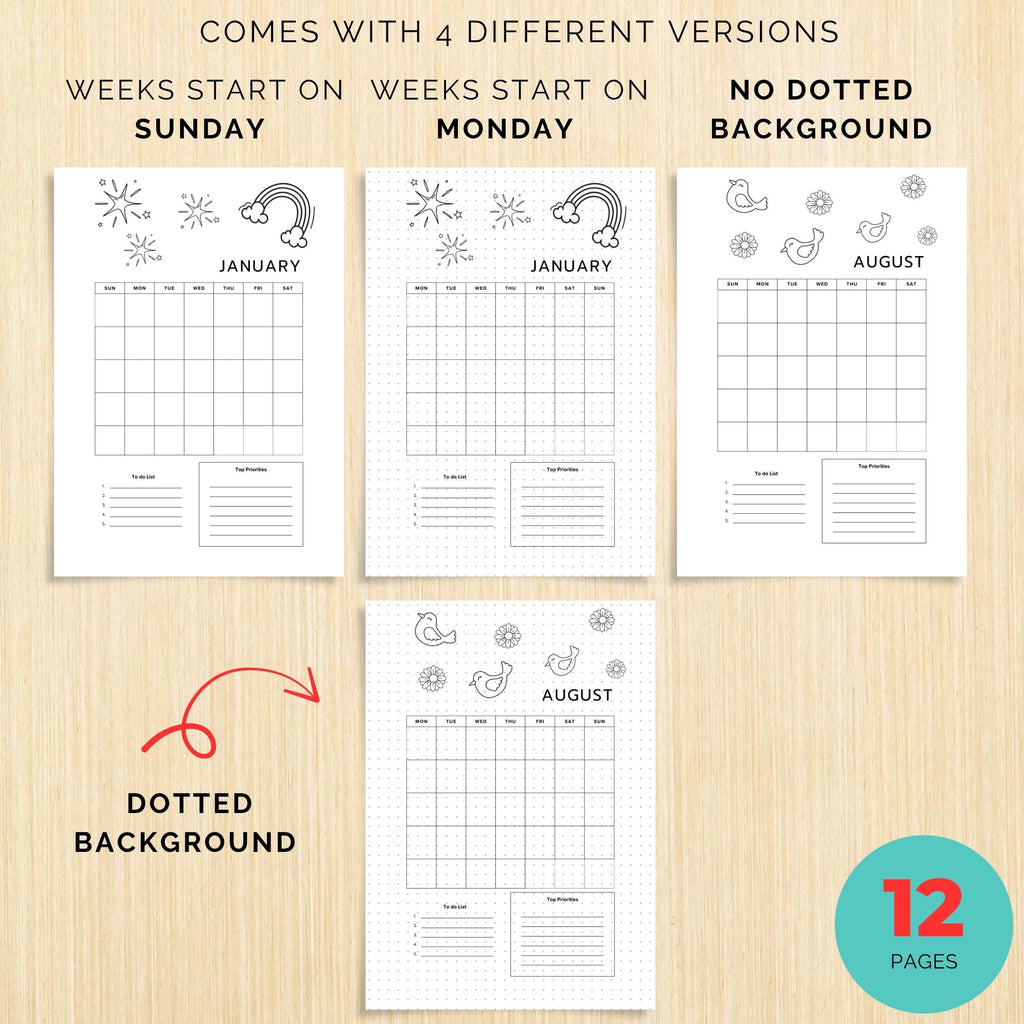 Bujo Template — 12 Month Calendar, Monthly Planner, Journal Calendar, PRINTABLE CALENDAR, Journal, Printabl... | Bloom Joyfully printable
