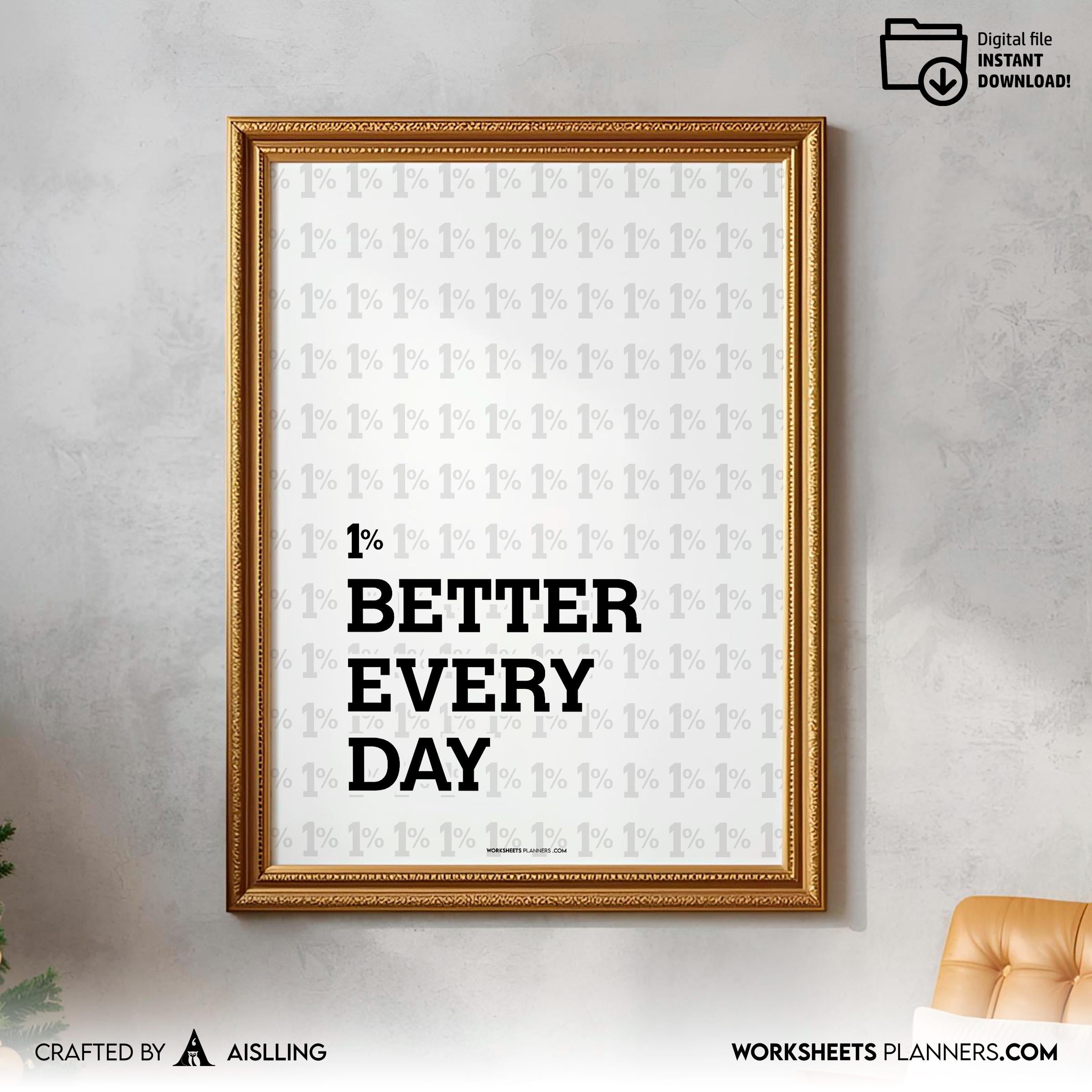 1% Better Every Day Printable Wall Art, Motivational Quote Poster, Minimal Mindset Decor, Productivity Digi... | Aislling printable