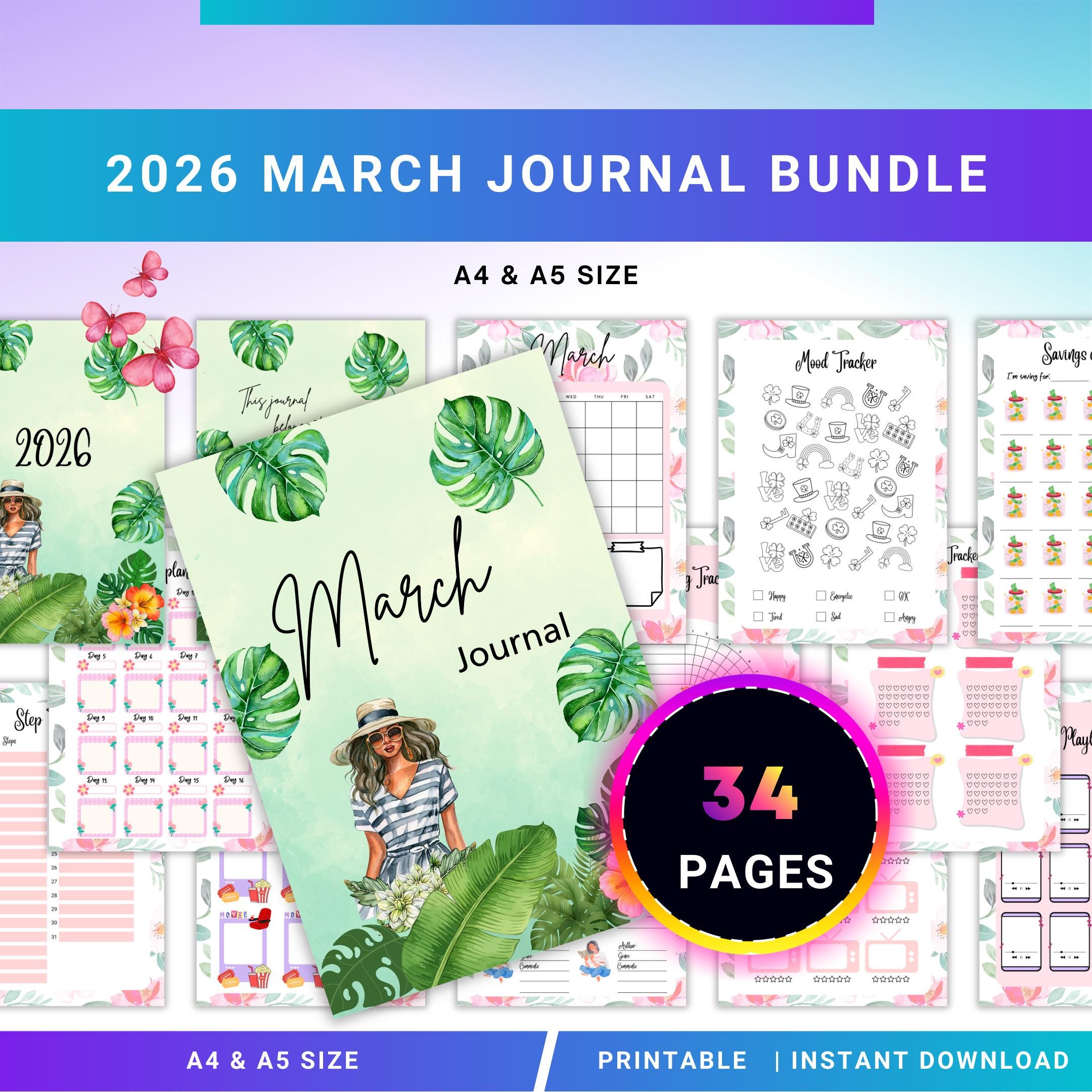 Digital Planner — MARCH Planner Bundle, Habit Tracker, Saving Planner, Mental Health, Gratitude, Mood Track... | Mindfulness printable