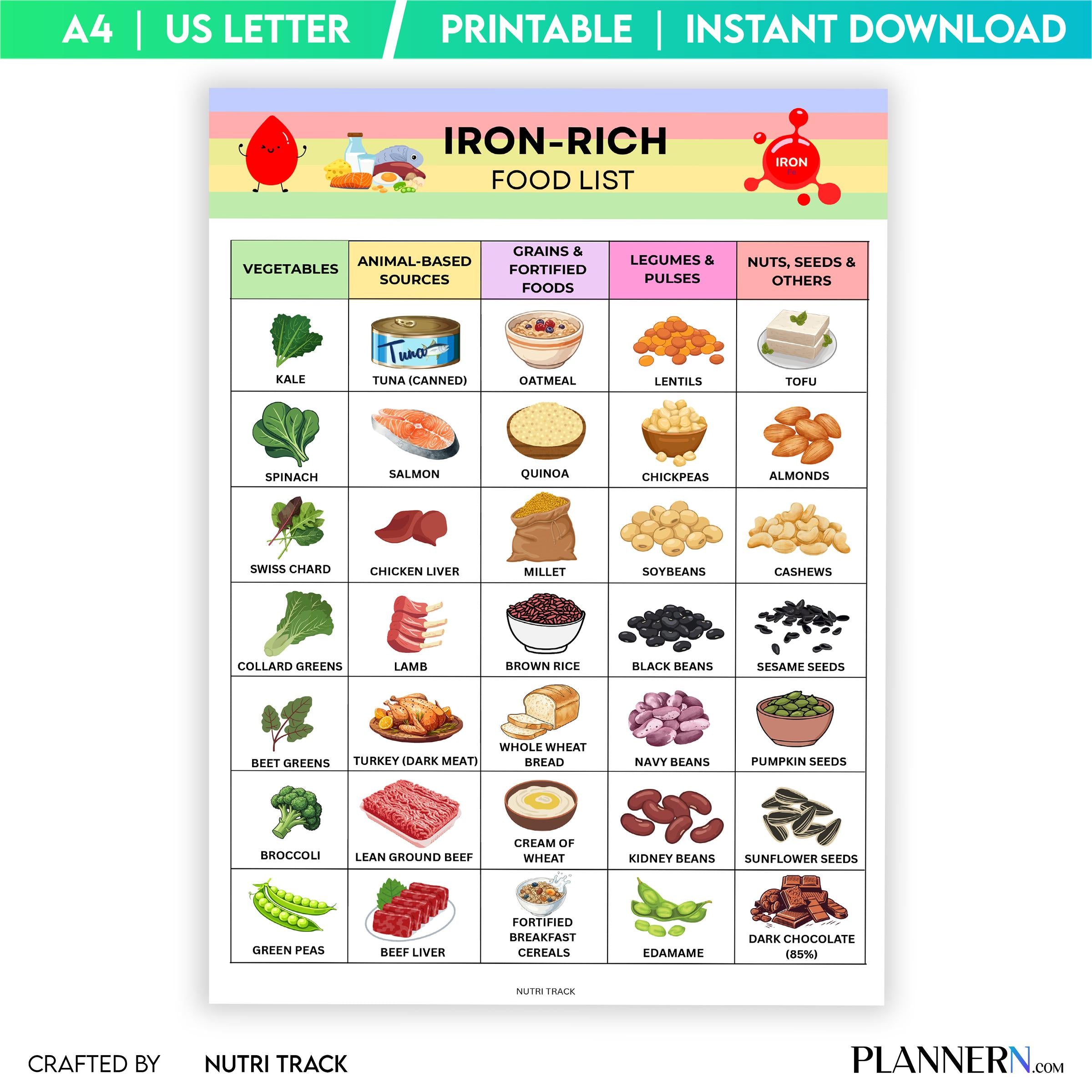 Grocery List Pdf — Iron Rich Food List Printable PDF, High Iron Foods Chart, Iron Rich Grocery List, Anemia... | Nutri Track printable