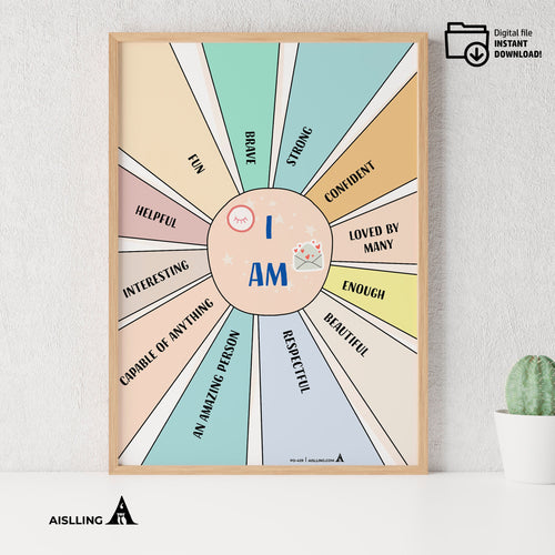 I am affirmations, affirmation poster, affirmation print, therapy office decor, counselling office decor, positive affirmation poster, self
