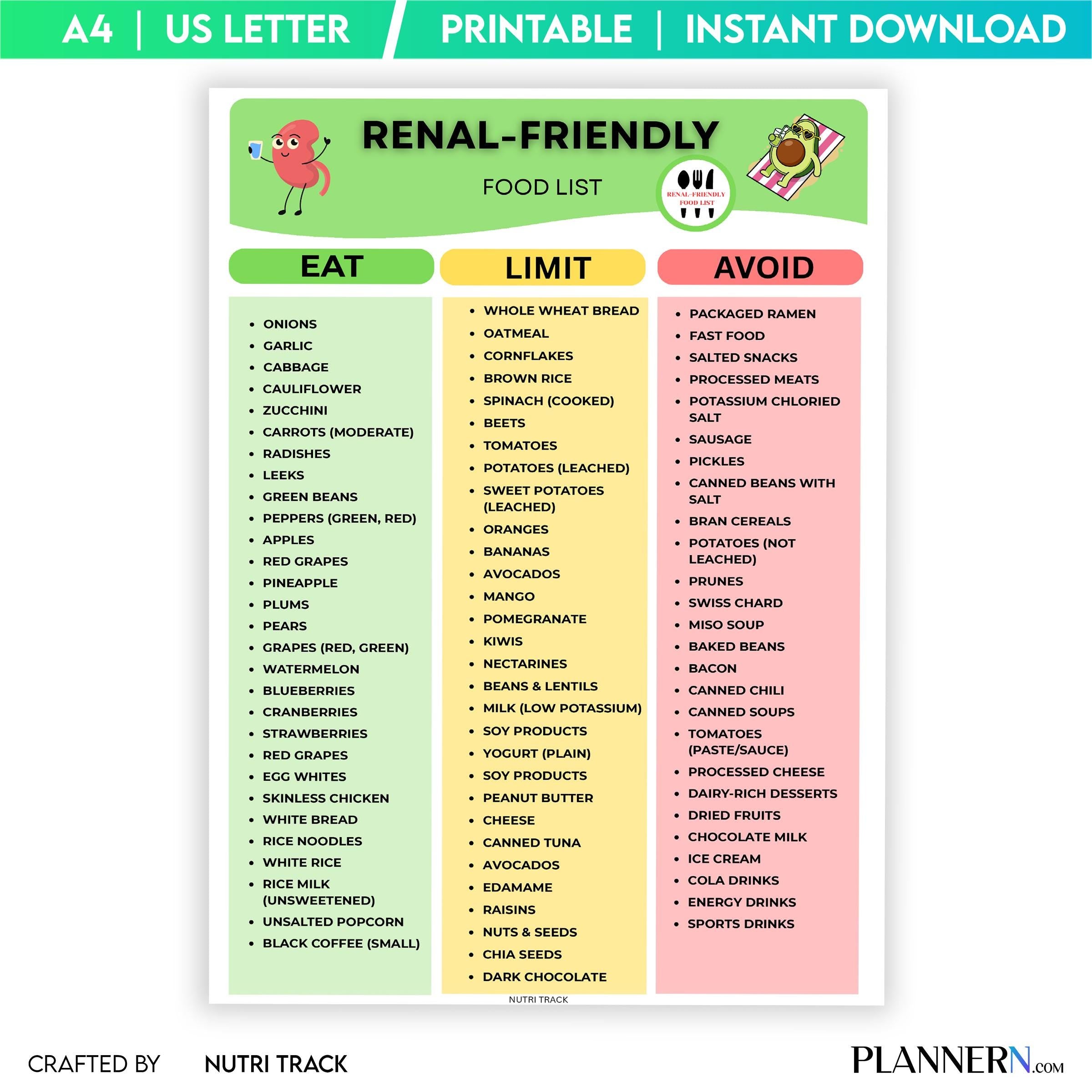 Ckd Diet Plan — Renal Friendly Food List Printable, Kidney, Friendly Food Chart, Renal Diet Grocery List, L... | Nutri Track printable