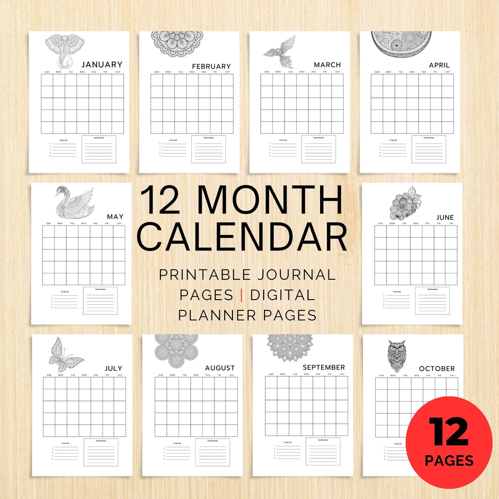 Bujo Template — 12 Month Calendar, Monthly Planner, Journal Calendar, PRINTABLE CALENDAR, Journal, Printabl... | Bloom Joyfully printable