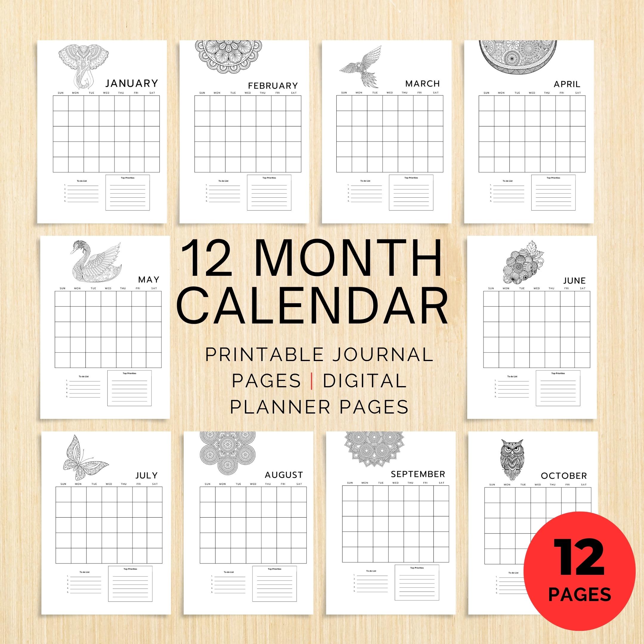 Bujo Template — 12 Month Calendar, Monthly Planner, Journal Calendar, PRINTABLE CALENDAR, Journal, Printabl... | Bloom Joyfully printable