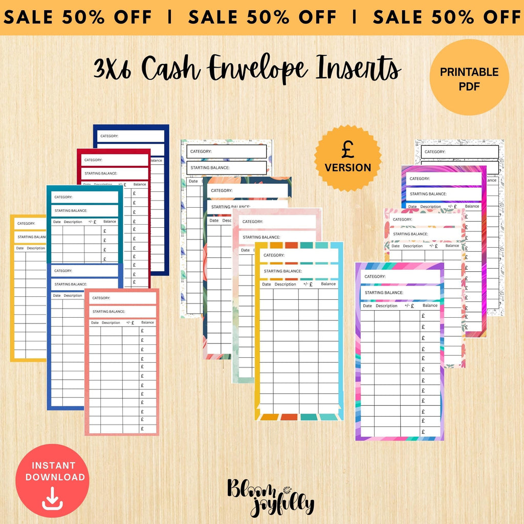 British Pounds — CASH Envelope Inserts (GBP) Printable PDF, 3x6 inch, Budgeting Inserts, Cash Spending Log,... | Bloom Joyfully printable