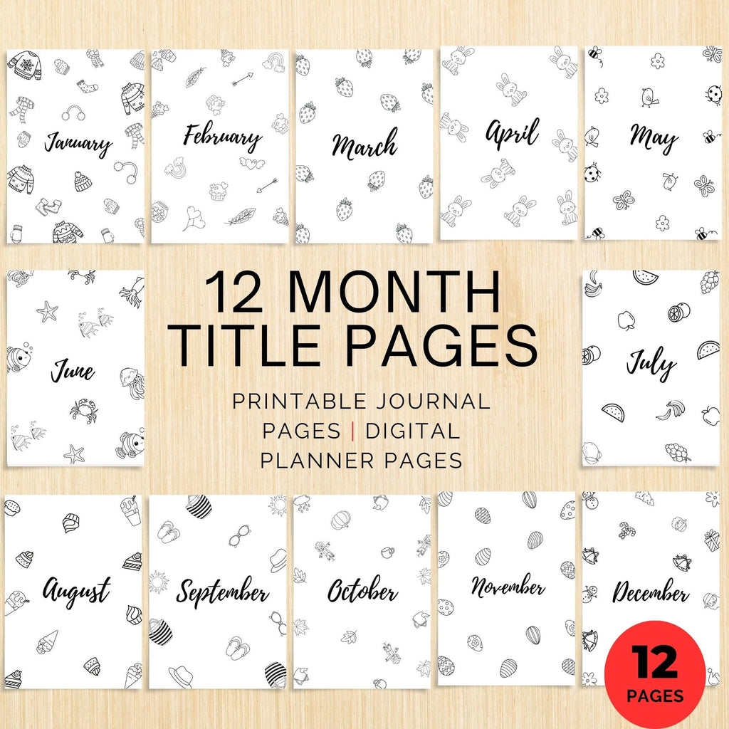 Bullet Journal — 12 Month Title Pages, Printable journal page, PRINTABLE TITLE PAGE, Printable Planner, Cov... | Bloom Joyfully printable