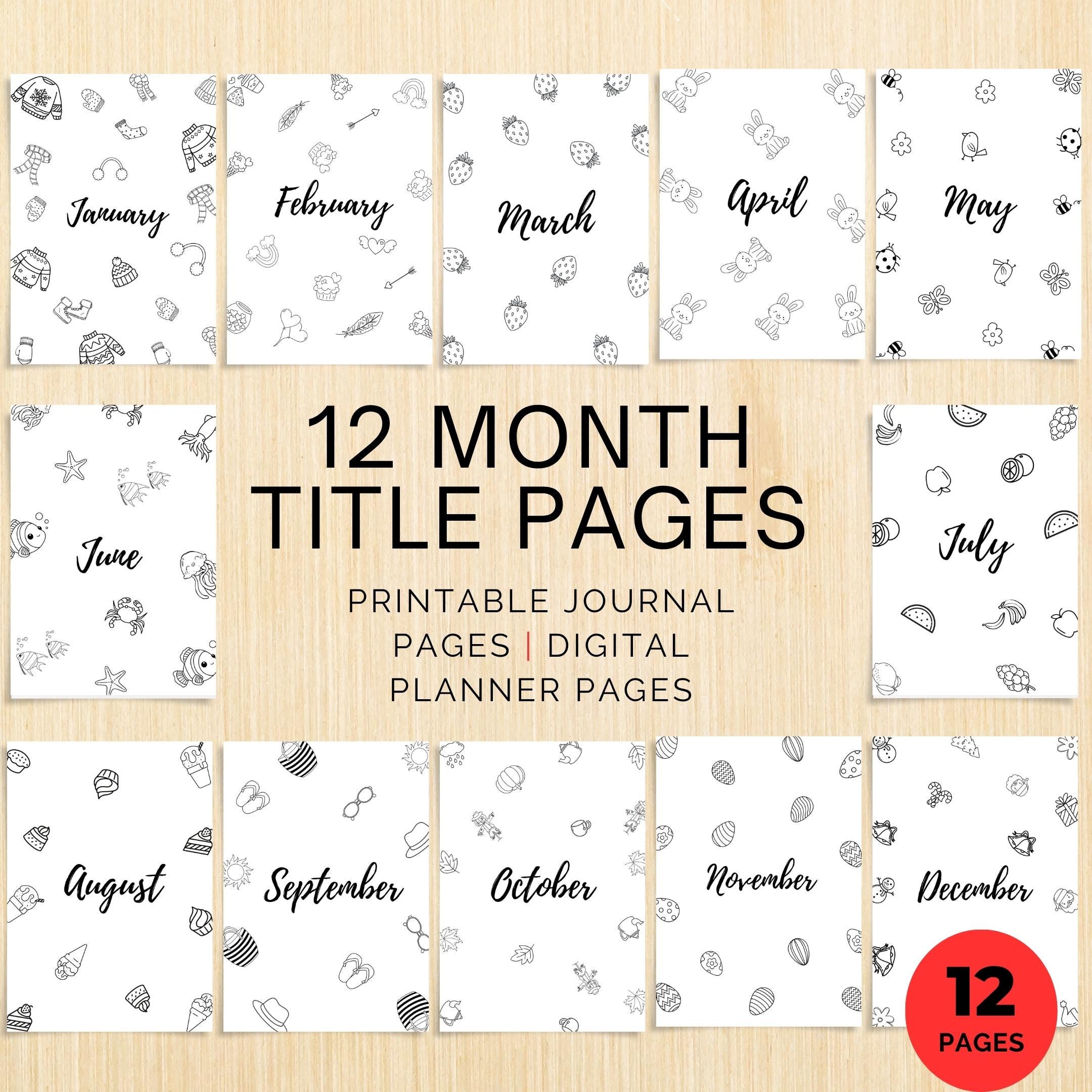 Bullet Journal — 12 Month Title Pages, Printable journal page, PRINTABLE TITLE PAGE, Printable Planner, Cov... | Bloom Joyfully printable