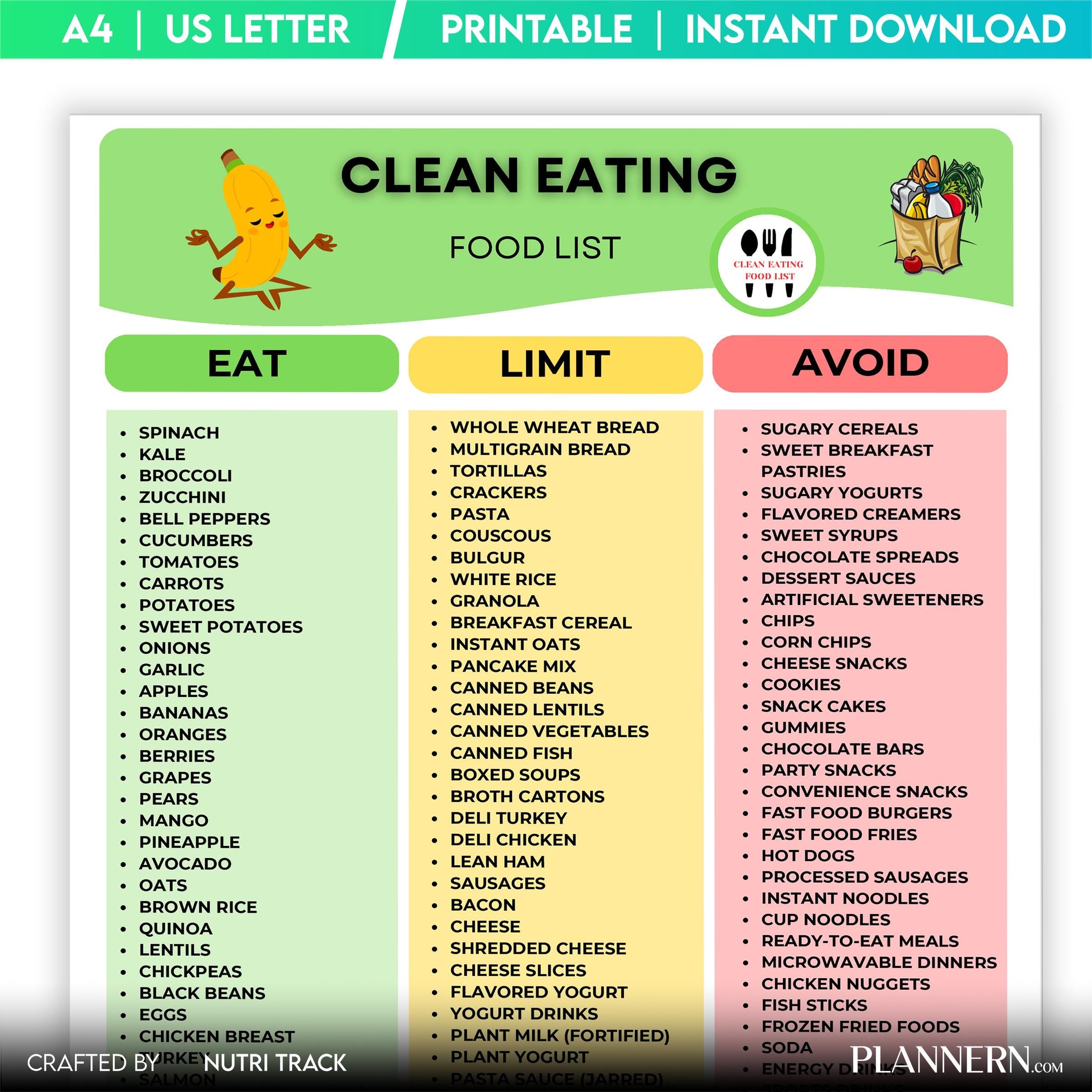 Clean Eating Food List Printable, Healthy Food Guide, Whole Foods Grocery List, Clean Eating Food Meal Plan... | Nutri Track printable