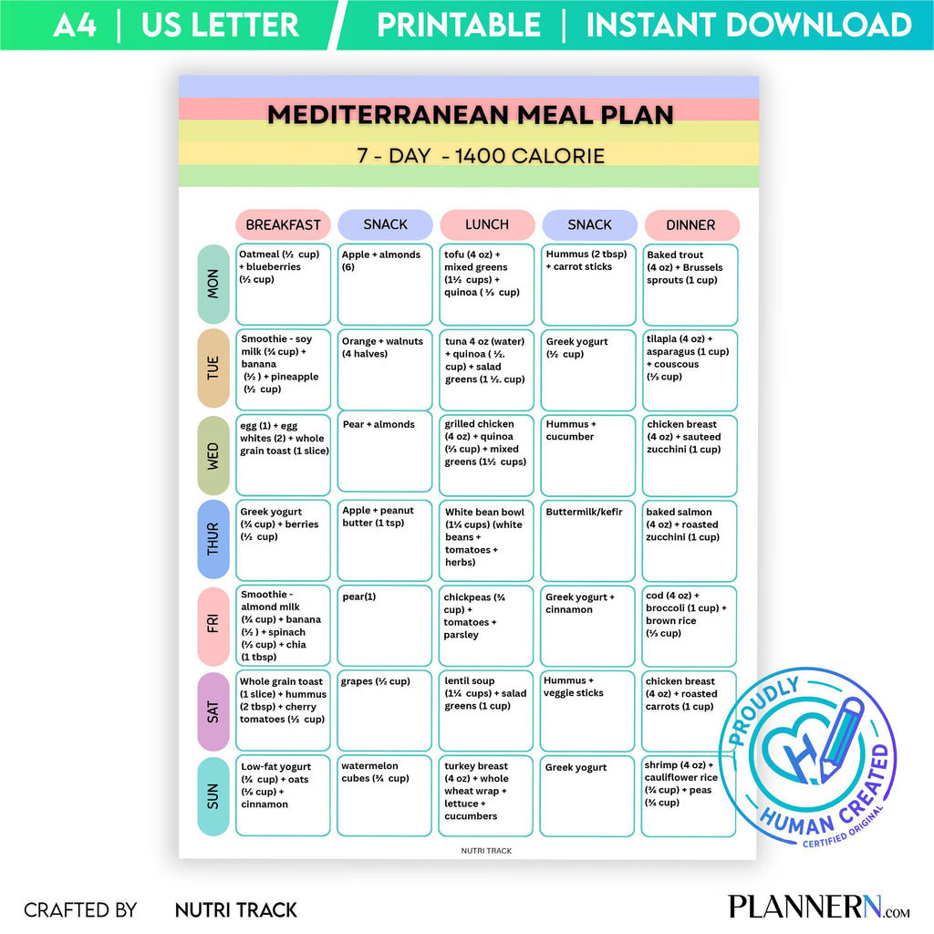 Mediterranean 1400 Calorie 7 Day Meal Plan Printable, Mediterranean Meal Plan 1400 Cal, Mediterranean Groce... | Nutri Track printable