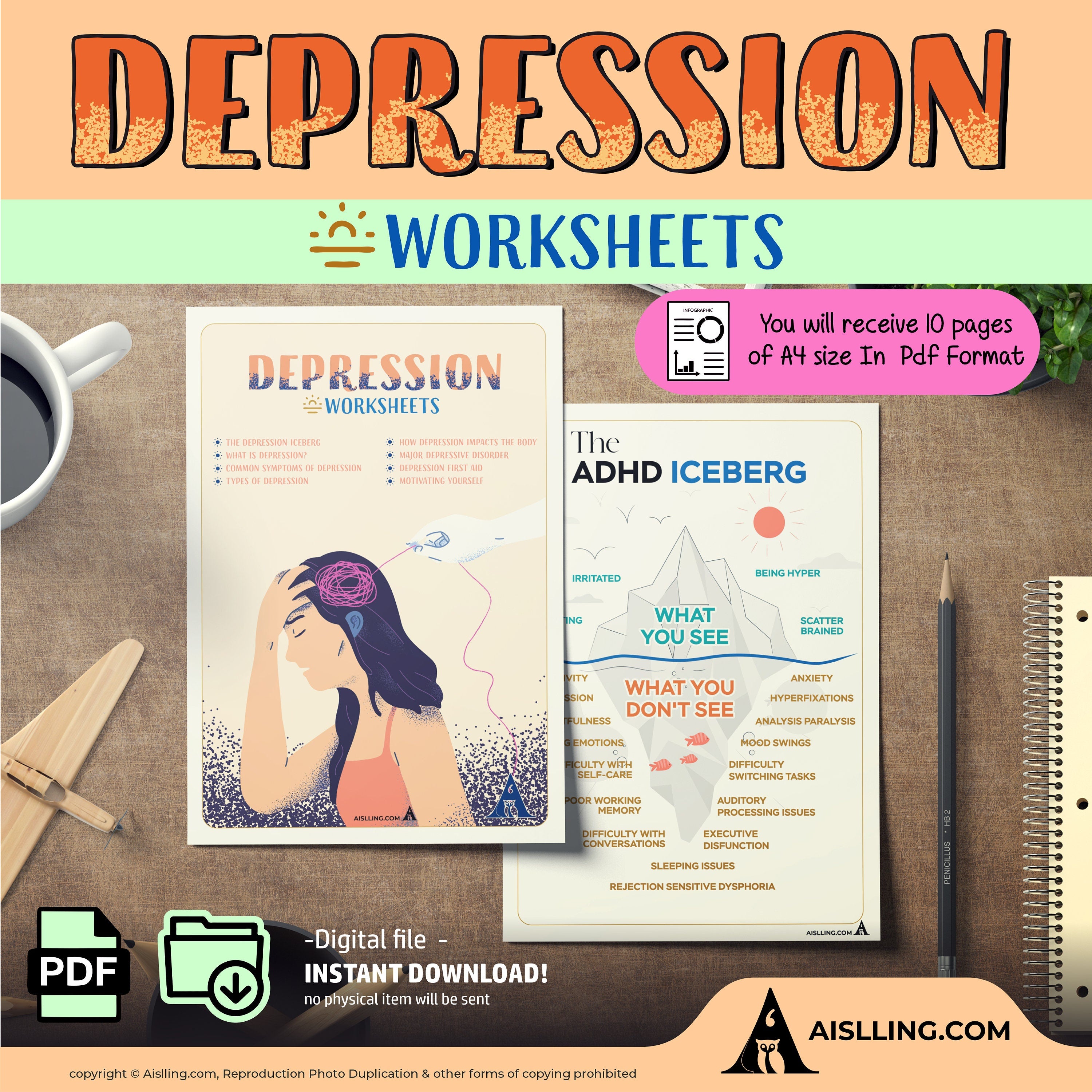 Depression Workbook, depression spiral, depression coping, cognitive restructuring, therapy worksheets, school counsellor, teen therapy