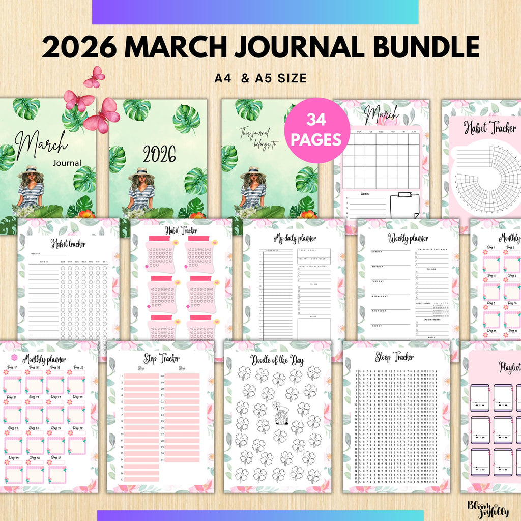 Digital Planner — MARCH Planner Bundle, Habit Tracker, Saving Planner, Mental Health, Gratitude, Mood Track... | Mindfulness printable