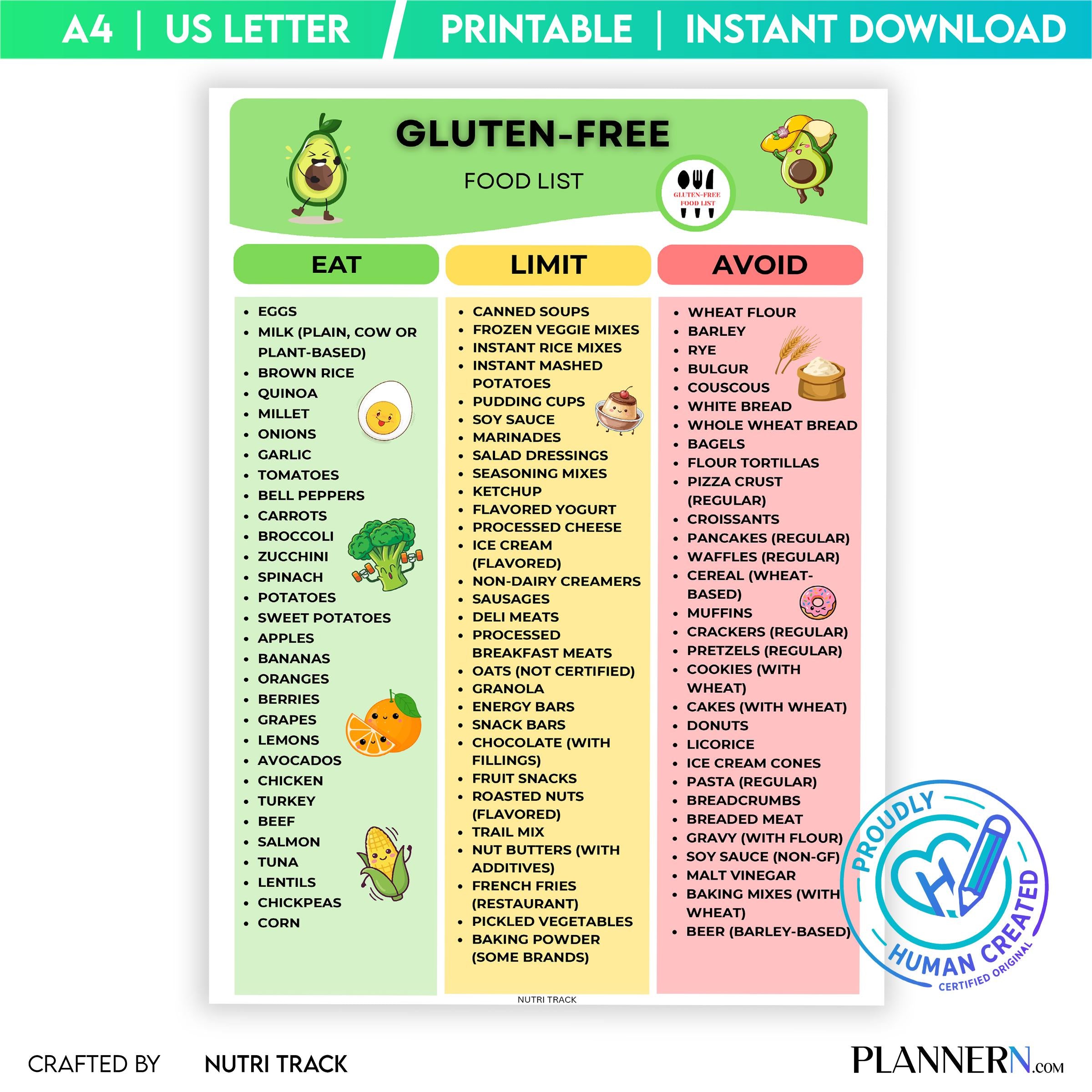 Celiac Diet — Gluten Free Food List Printable, Gluten Free Diet Guide, Safe Foods Chart, Celiac Friendly Gr... | Nutri Track printable