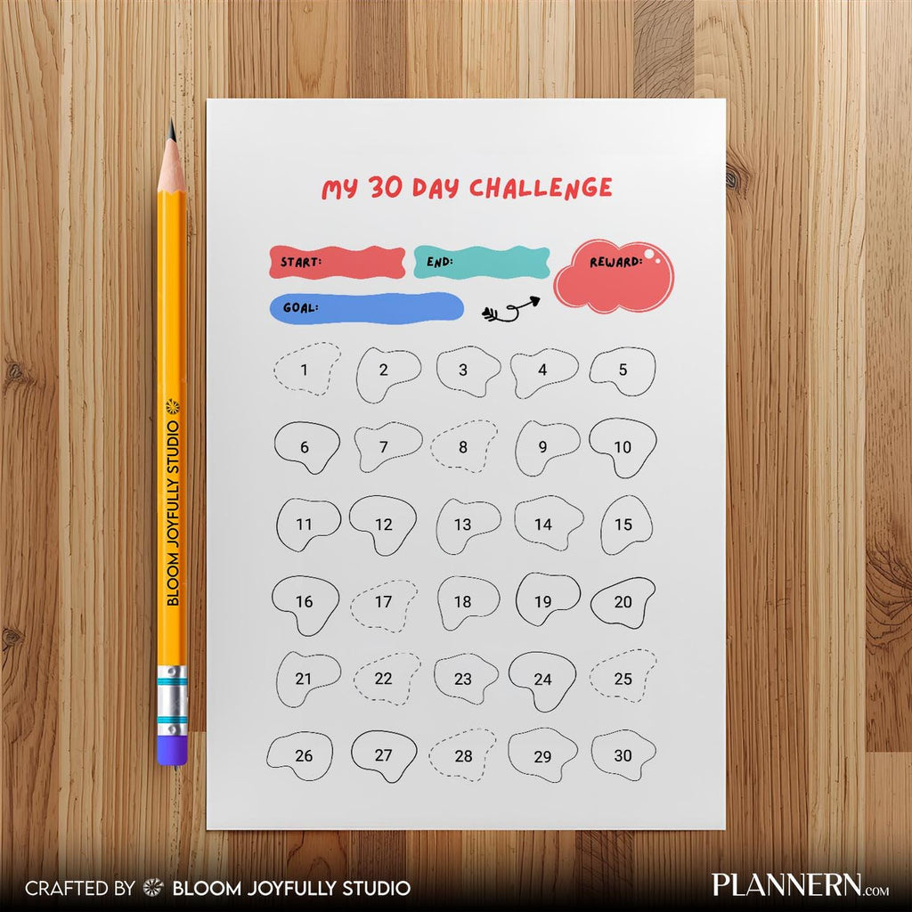 30 Day Challenge PRINTABLE, Daily Goal Tracker, Self Improvement Planner, A4, A5, Letter, Half size, Instan... | Bloom Joyfully printable