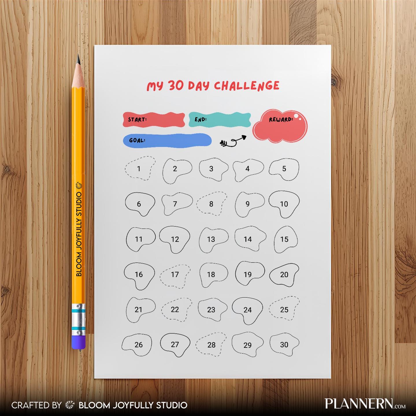 30 Day Challenge PRINTABLE, Daily Goal Tracker, Self Improvement Planner, A4, A5, Letter, Half size, Instan... | Bloom Joyfully printable