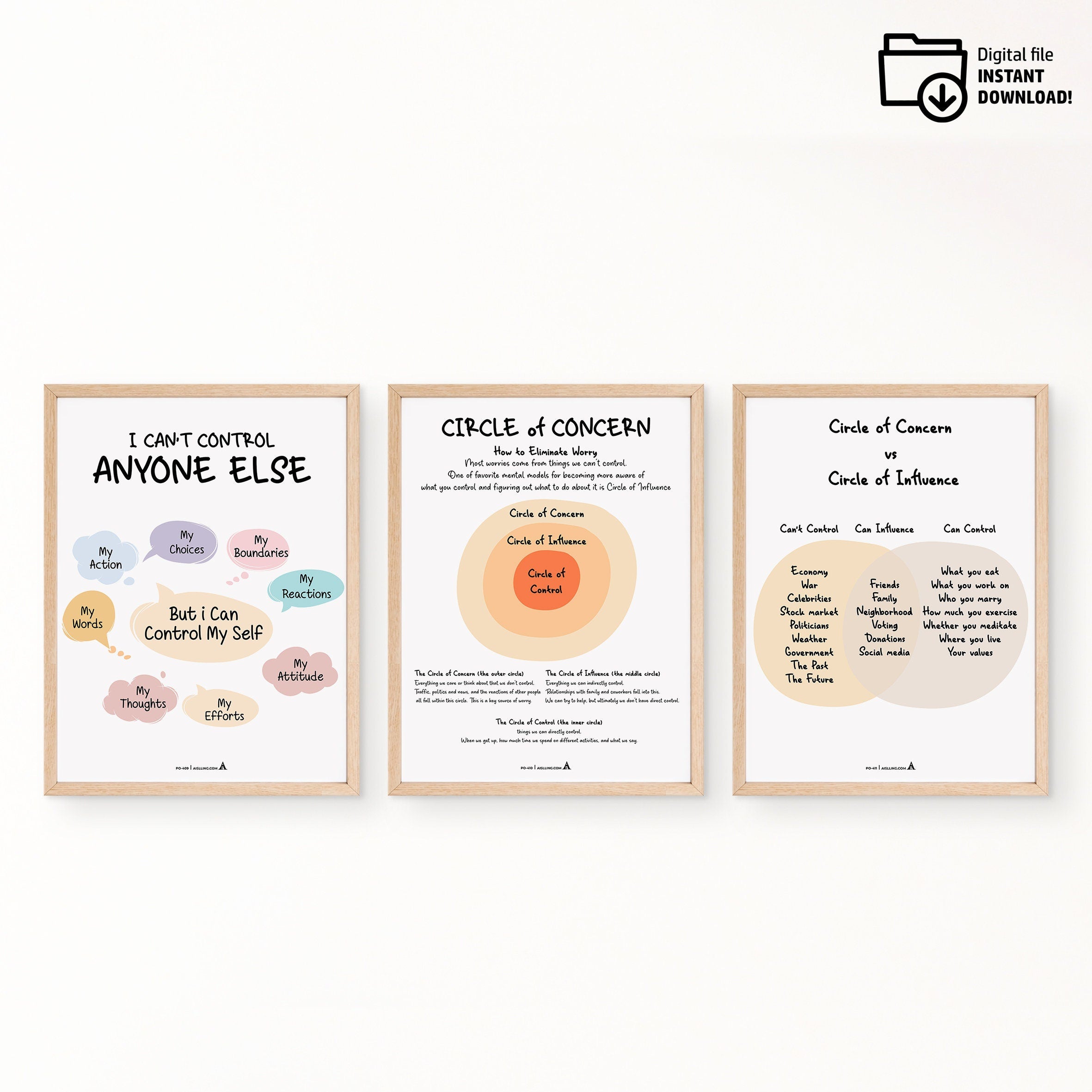 Adhd Worksheets — Set of 3 Prints, Circle of Concern Influence POSTER CARD, ADHD, Autism, coping skills, me... | Mindfulness printable