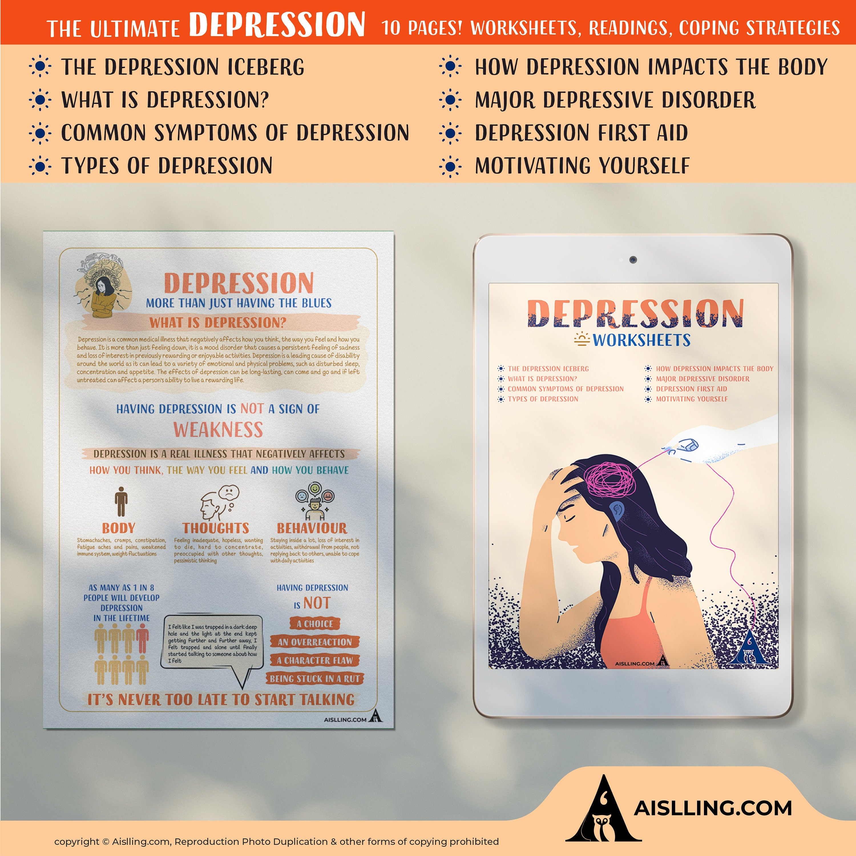 Depression Workbook, depression spiral, depression coping, cognitive restructuring, therapy worksheets, school counsellor, teen therapy