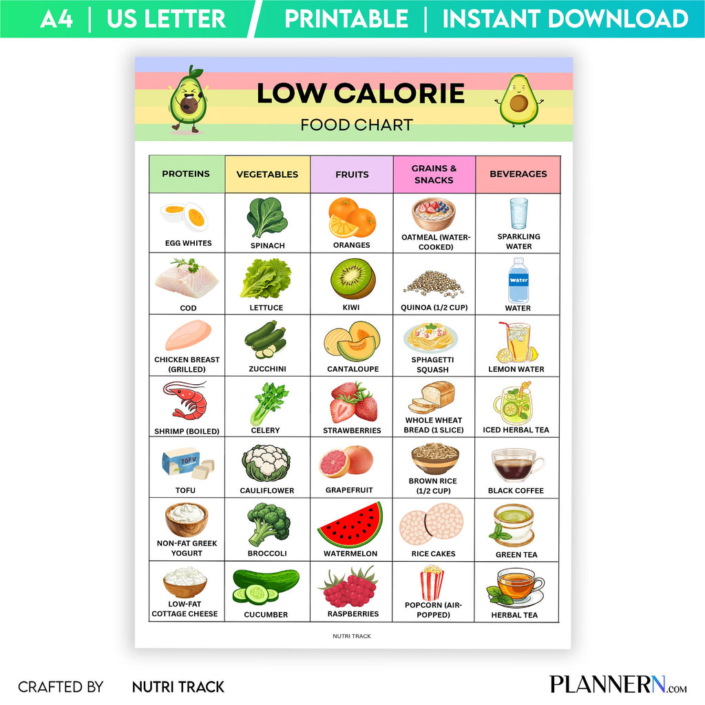 Calorie Chart — Low Calorie Food Chart Printable, Low Calorie Food List, Weight Loss Meal Planning, Healthy... | Nutri Track printable