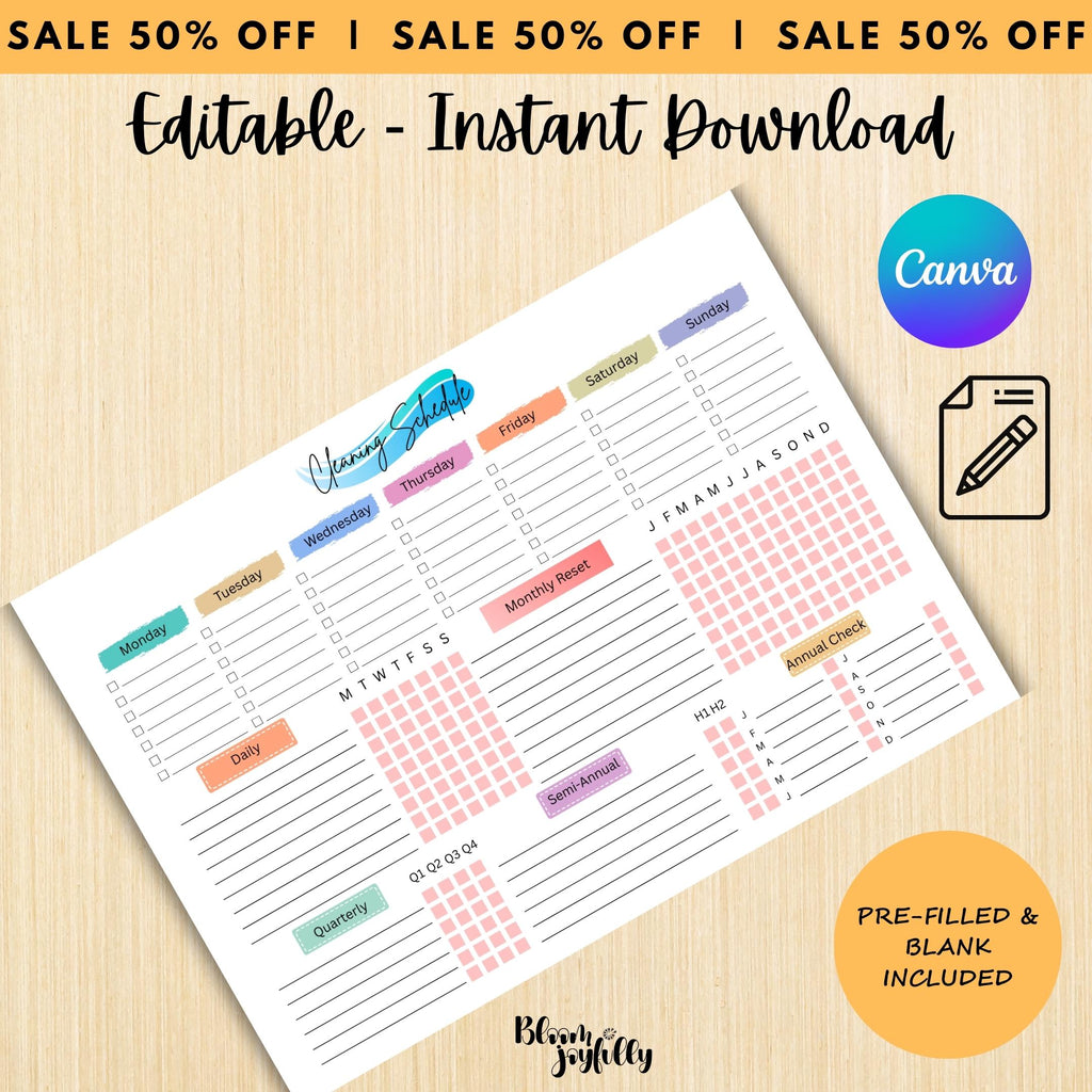 Cleaning Checklist — EDITABLE Cleaning Planner, Daily, Weekly & Monthly Checklist, Home Cleaning Planner Pr... | Bloom Joyfully printable