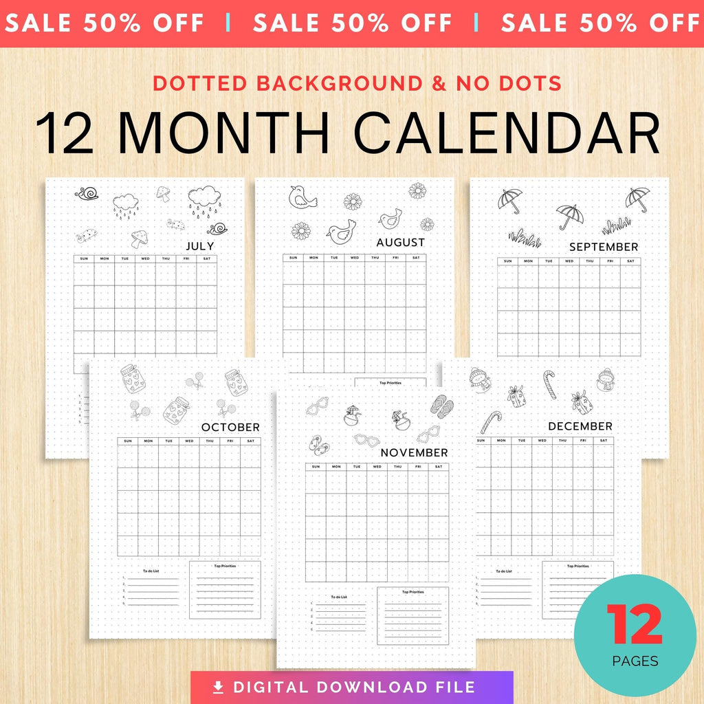 Bujo Template — 12 Month Calendar, Monthly Planner, Journal Calendar, PRINTABLE CALENDAR, Journal, Printabl... | Bloom Joyfully printable