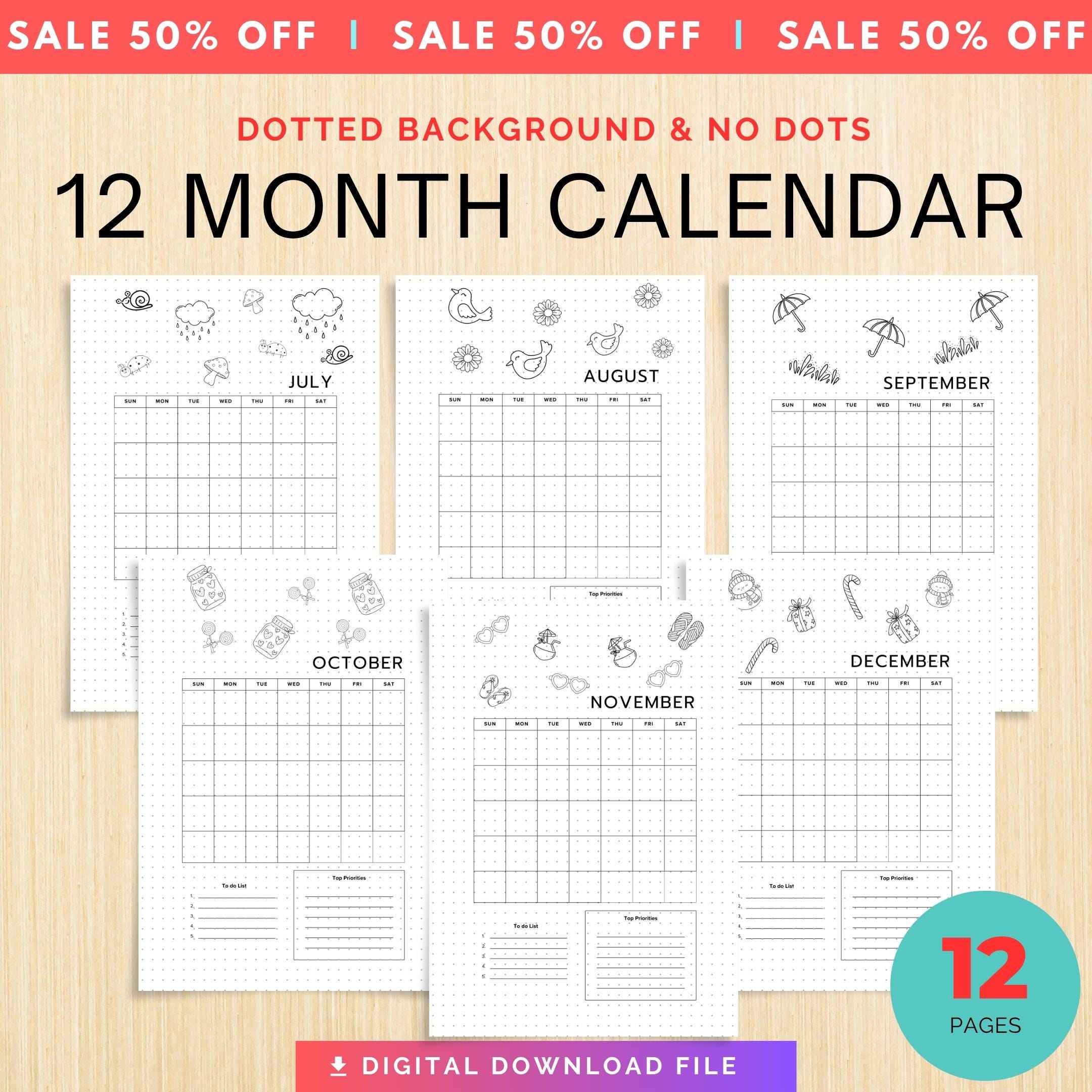 Bujo Template — 12 Month Calendar, Monthly Planner, Journal Calendar, PRINTABLE CALENDAR, Journal, Printabl... | Bloom Joyfully printable