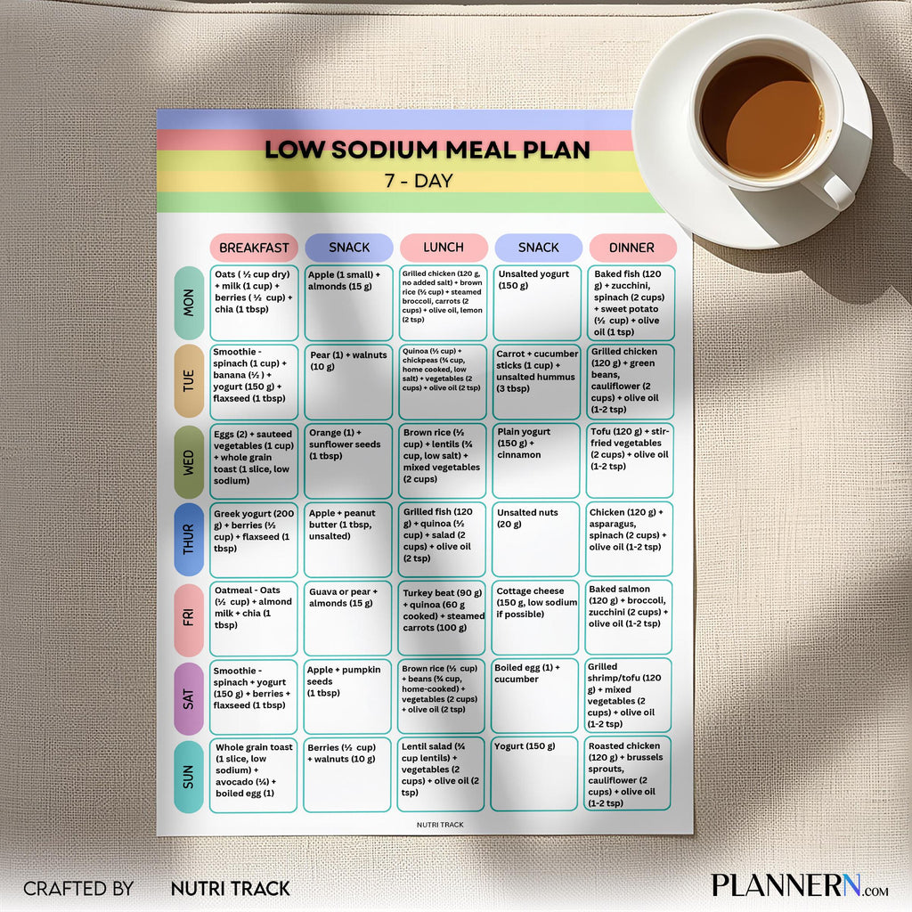 Low Sodium 7 Day Meal Plan Printable, Heart Healthy Meal Plan, Low Salt Diet Menu, Low Sodium Grocery List,... | Nutri Track printable