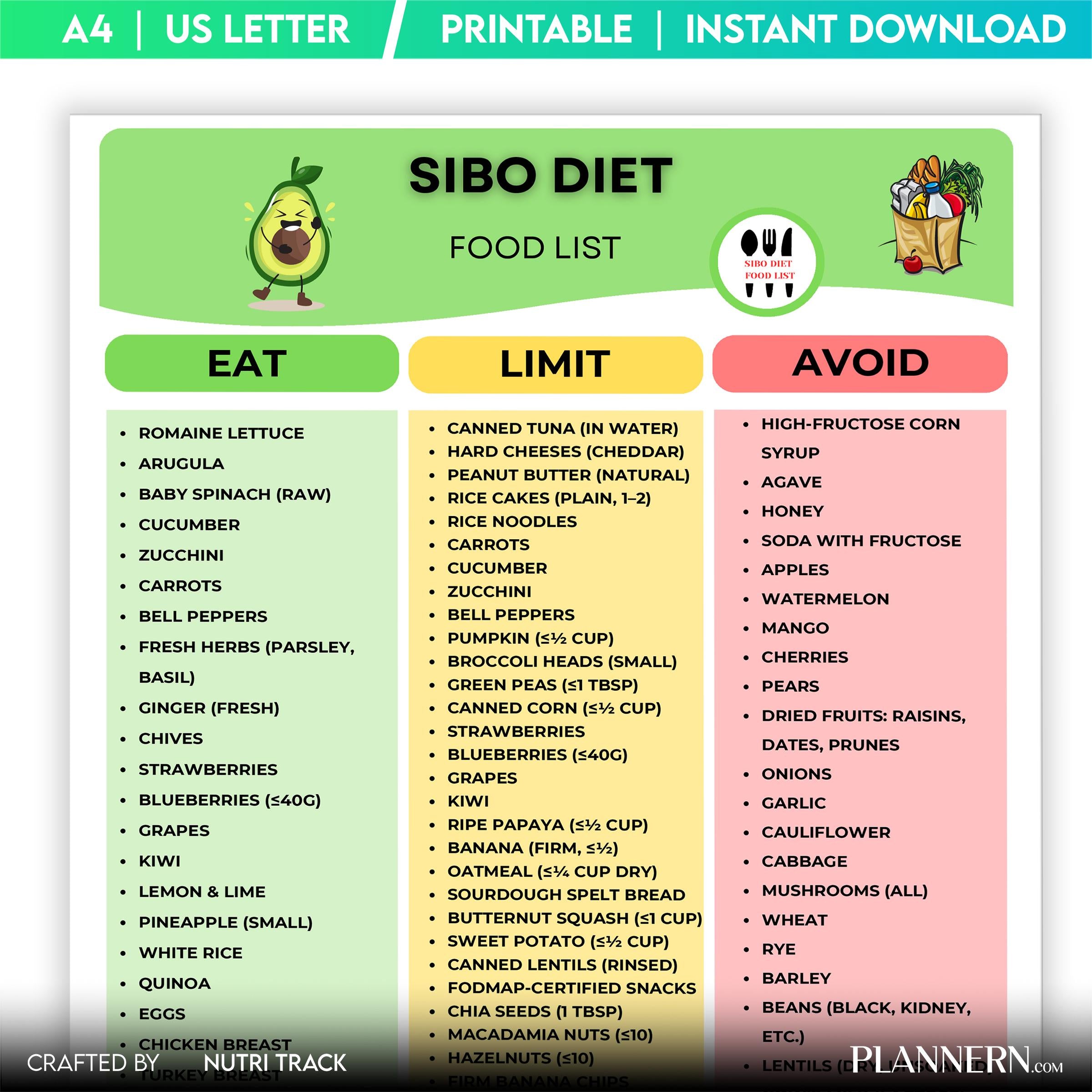 Digestive Diet — SIBO Diet Food List Printable, Gut Health Foods, IBS Friendly Foods Chart, Low Fermentatio... | Nutri Track printable