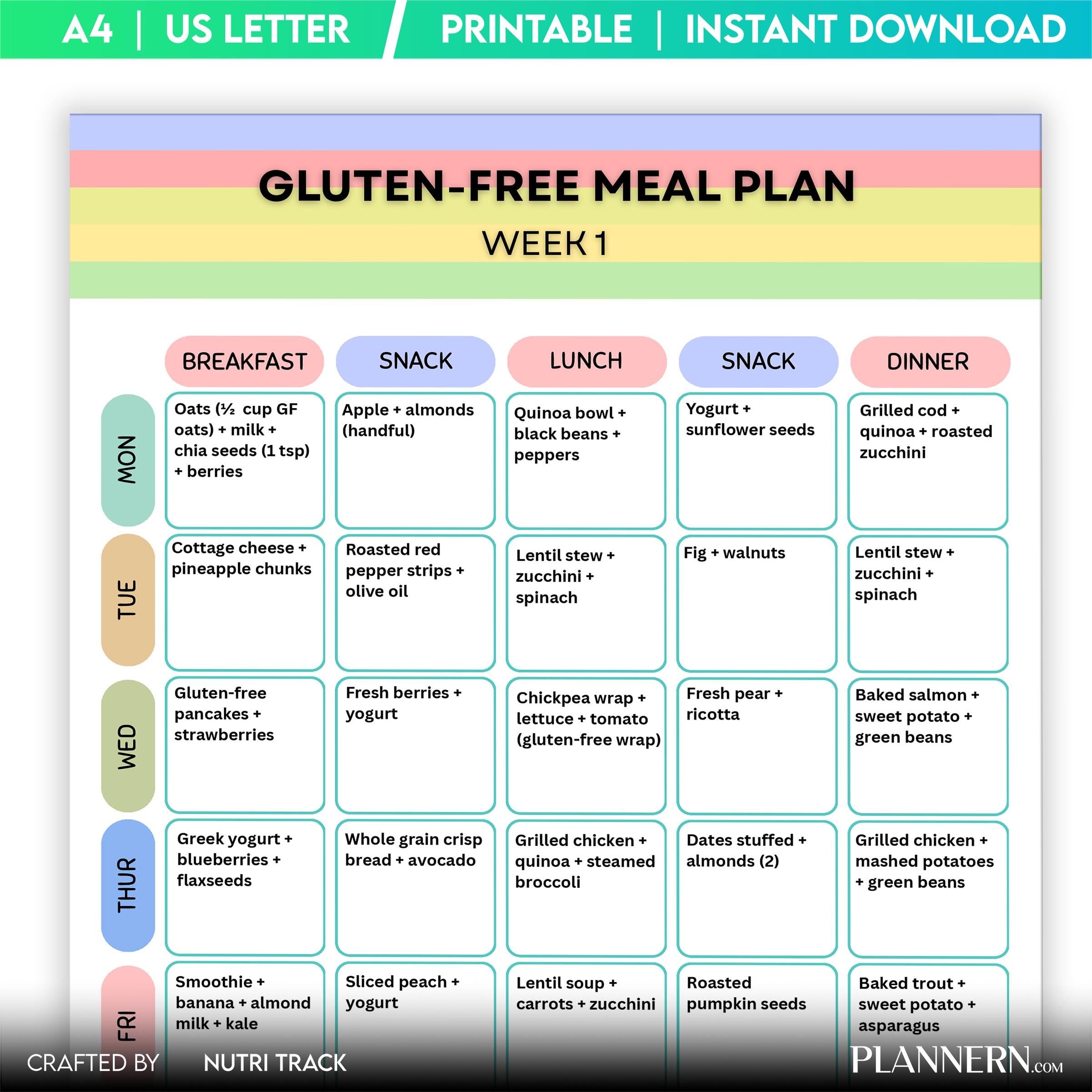 7 Day Meal Plan — Gluten Free Meal Plan 7 Day Printable, Weekly Gluten Free Diet Plan, Healthy Meal Planner... | Nutri Track printable