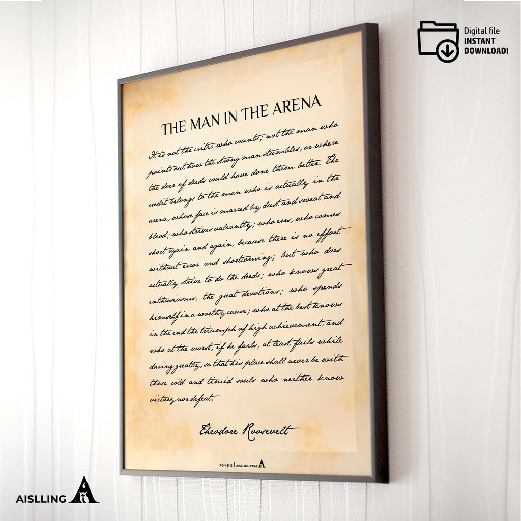 Black And White — The Man in the Arena Quote, Theodore Roosevelt Inspirational Wall Art, Daring Greatly Mot... | Aislling printable