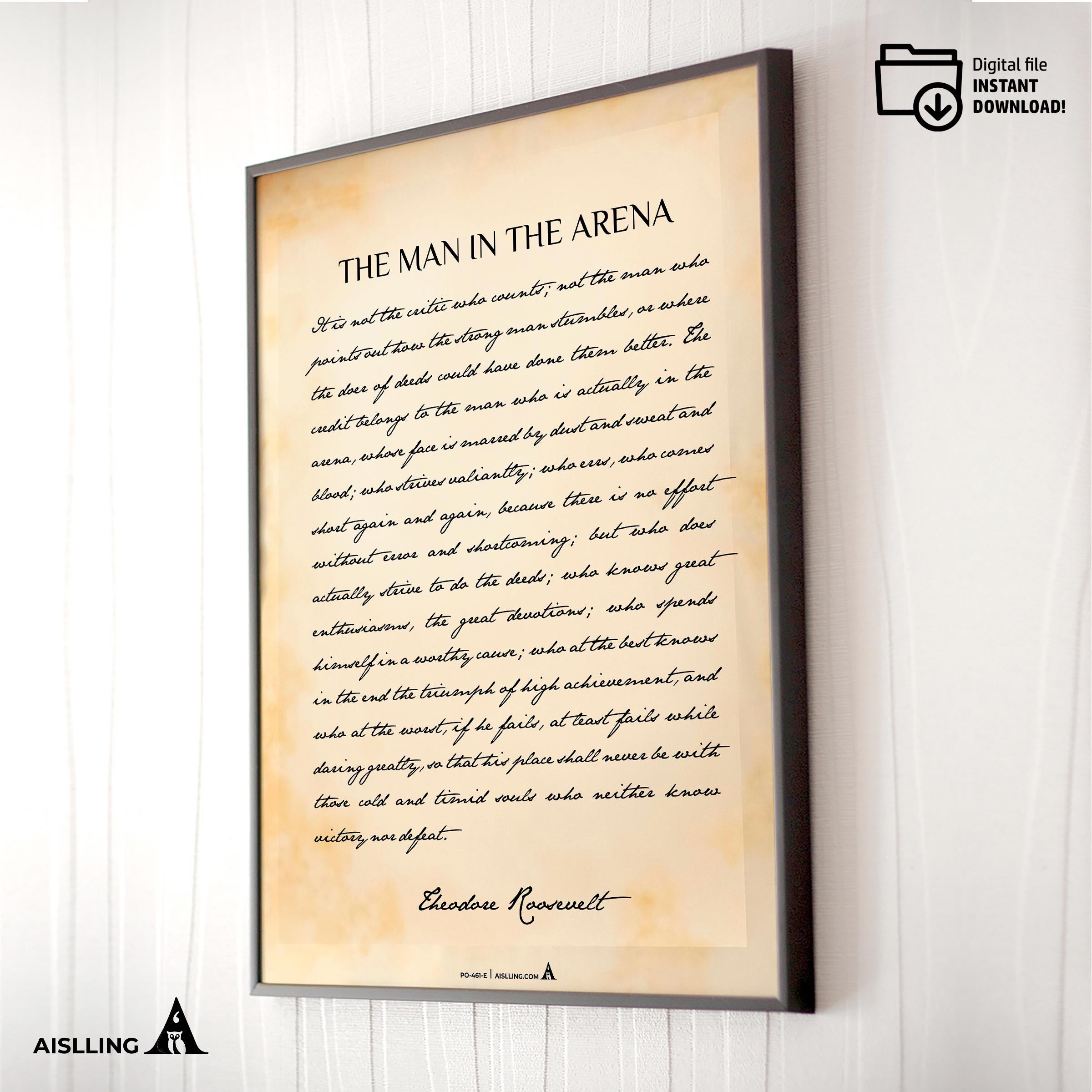 Black And White — The Man in the Arena Quote, Theodore Roosevelt Inspirational Wall Art, Daring Greatly Mot... | Aislling printable