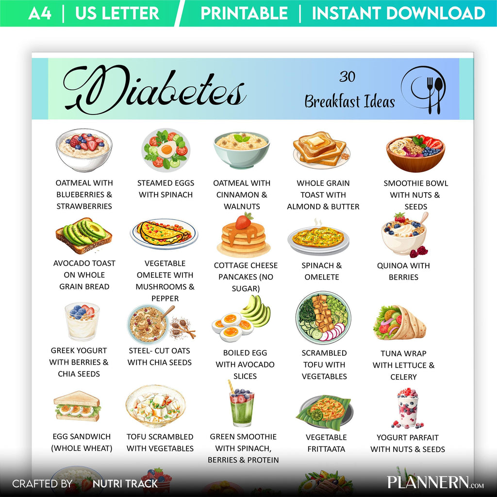 Blood Sugar Control — 30 Diabetes Breakfast Ideas, Low Sugar Breakfast Printable PDF, Blood Sugar Friendly ... | Nutri Track printable