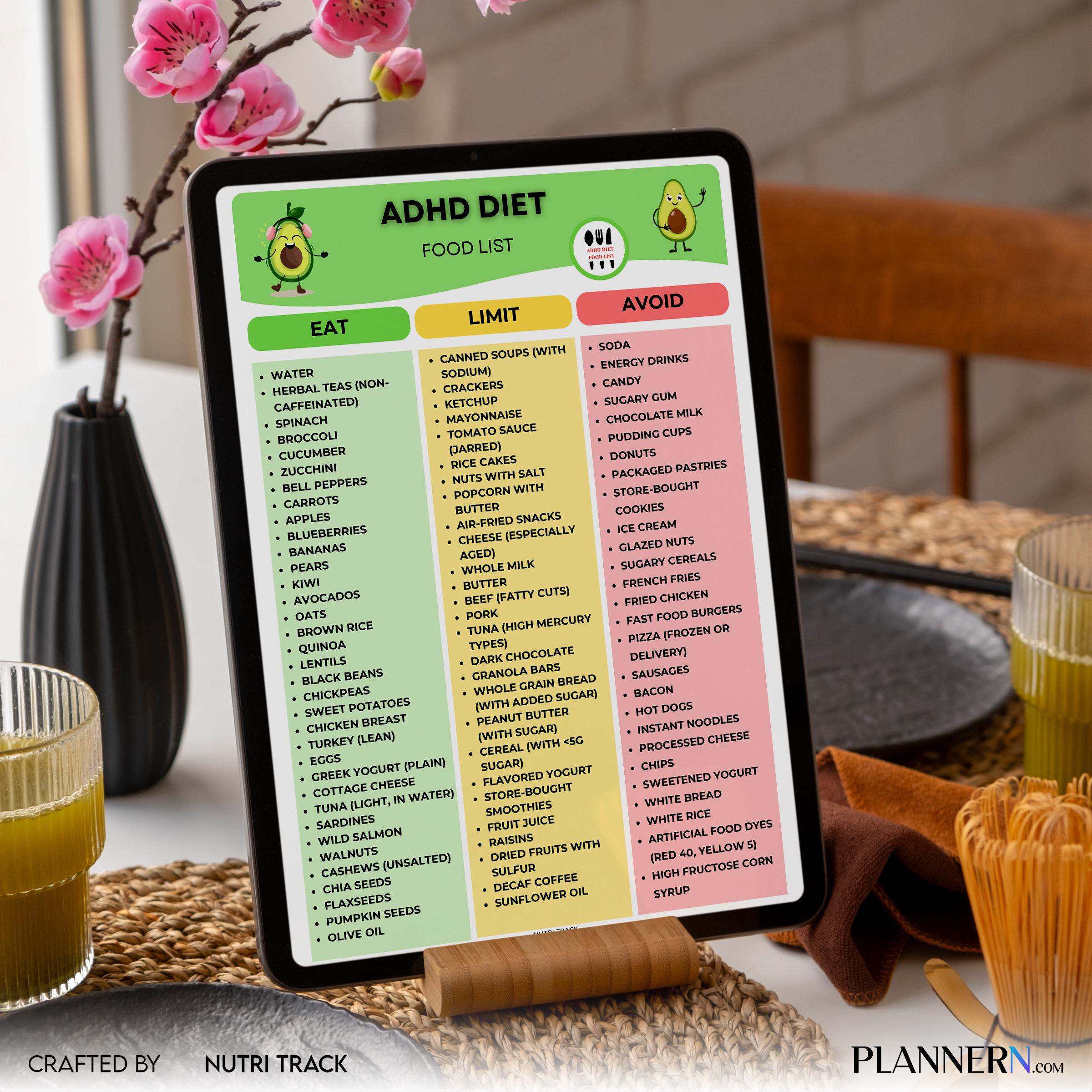 Adhd Diet — ADHD Food List Printable, Brain Healthy Foods Chart, Focus Friendly Nutrition Guide, ADHD Diet ... | Nutri Track printable