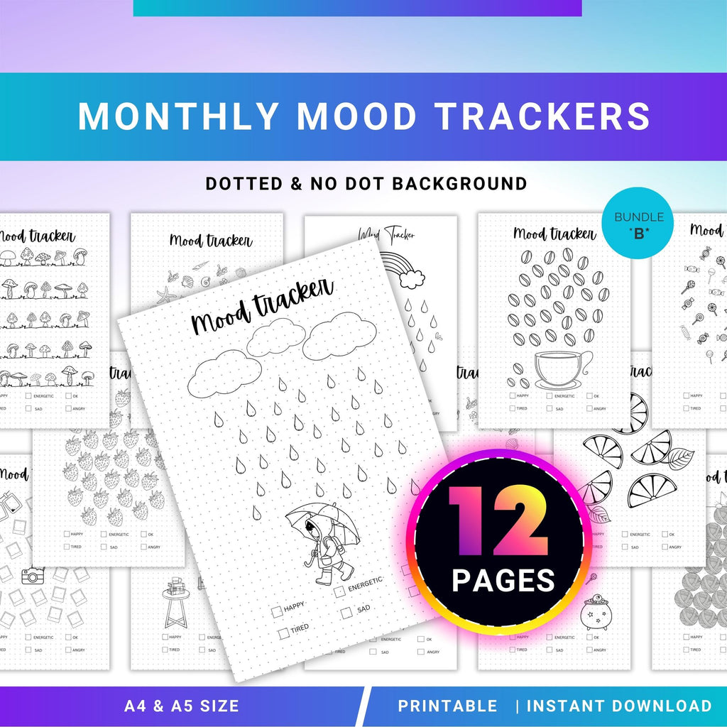 Bullet Journal — MONTHLY Mood Trackers Bundle, Printable Mood Tracker for journal, Monthly, Daily Mood Log,... | Mindfulness printable