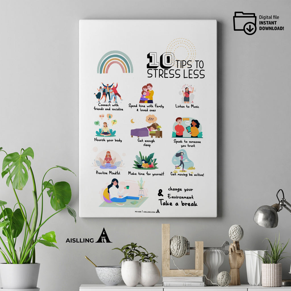 Act — 10 Tips To Stress Less poster, self, esteem, respect, couples therapy, therapy office decor, therapy ... | Mindfulness printable