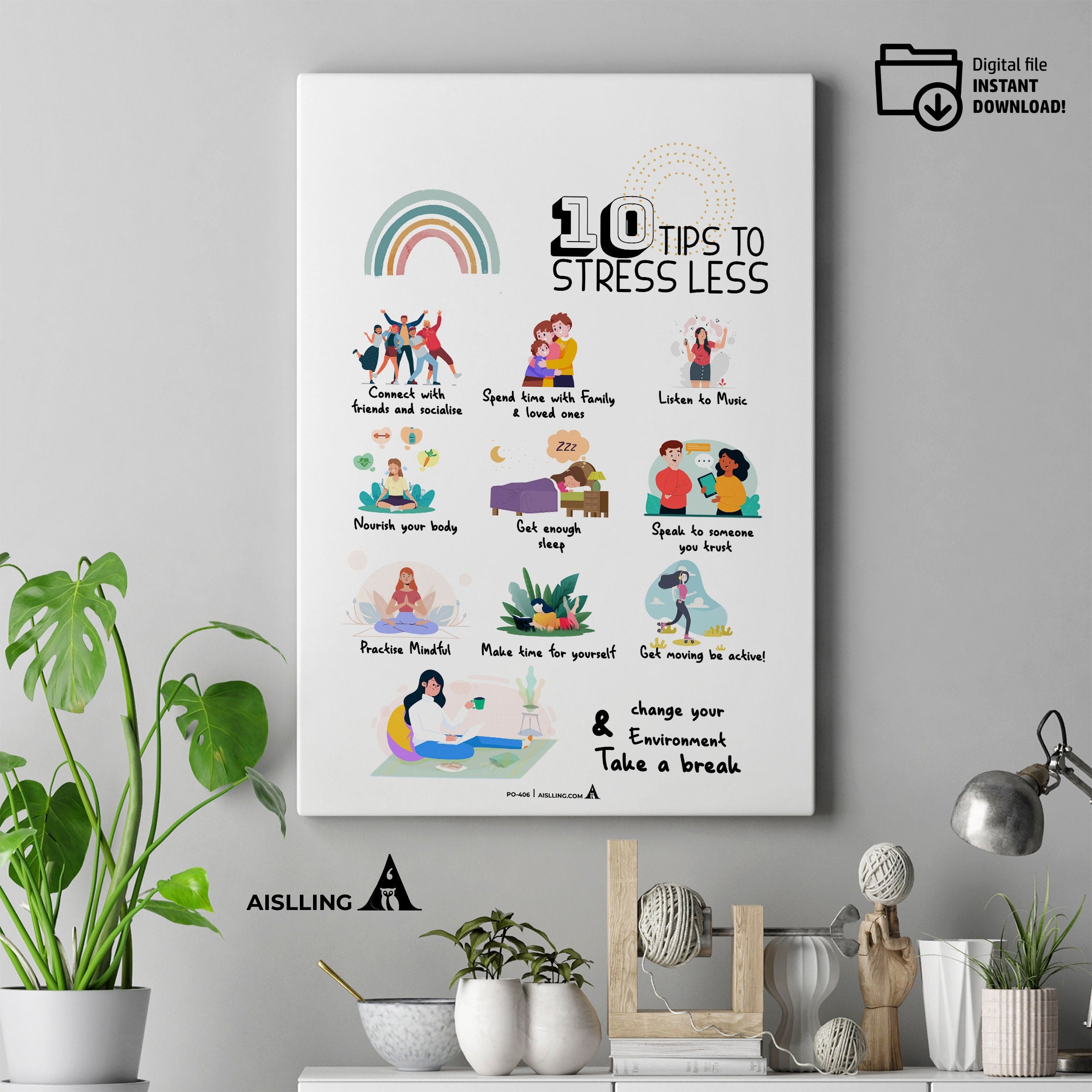 Act — 10 Tips To Stress Less poster, self, esteem, respect, couples therapy, therapy office decor, therapy ... | Mindfulness printable