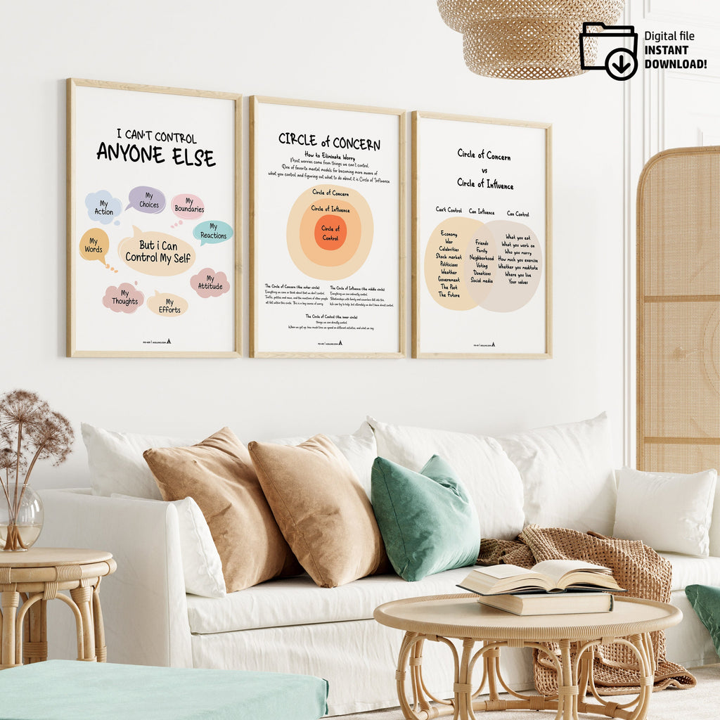 Adhd Worksheets — Set of 3 Prints, Circle of Concern Influence POSTER CARD, ADHD, Autism, coping skills, me... | Mindfulness printable