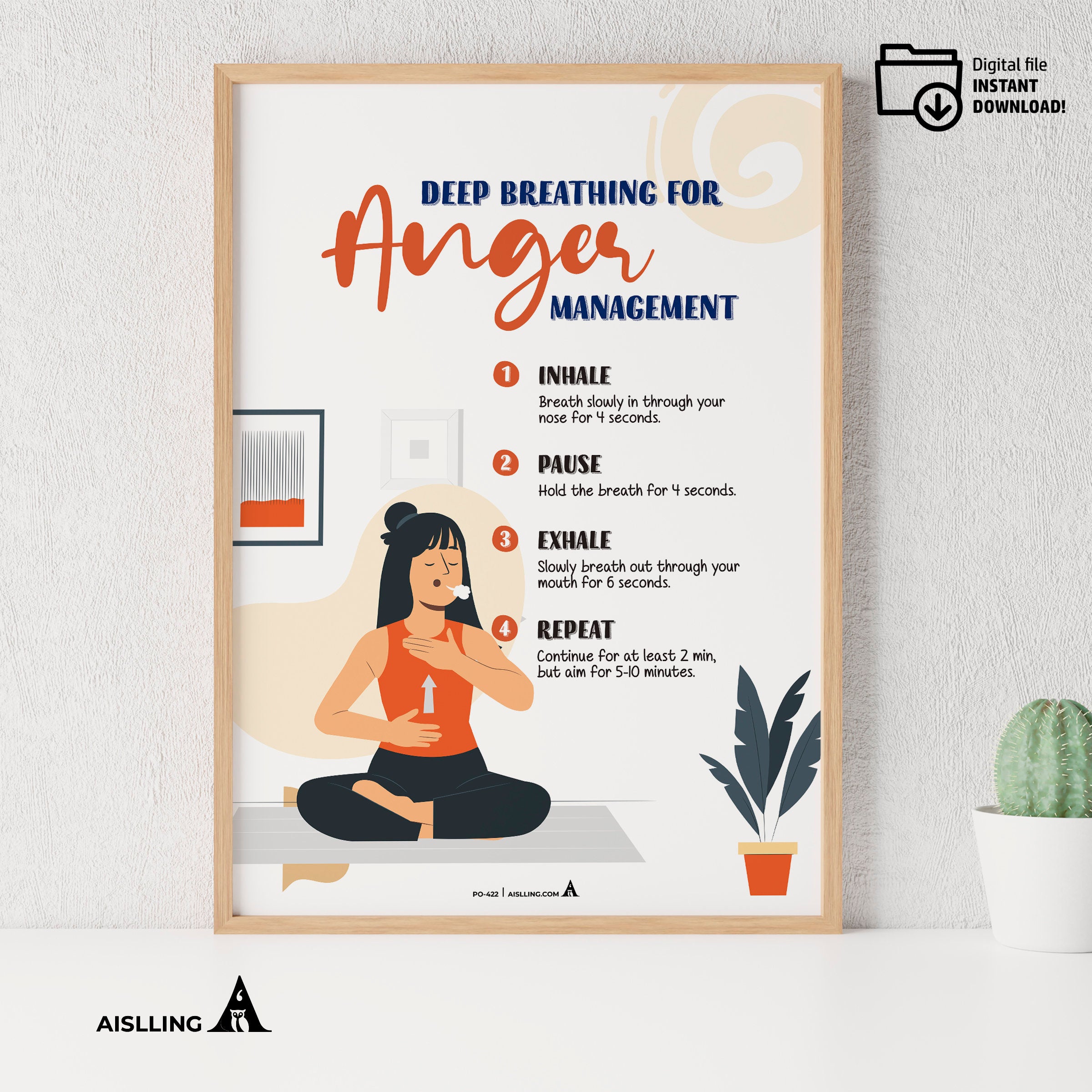 Aislling — Deep Breathing Anger Management Poster, Happiness Chemicals, Therapy Decor, Anxiety Relief, Well... | Mindfulness printable