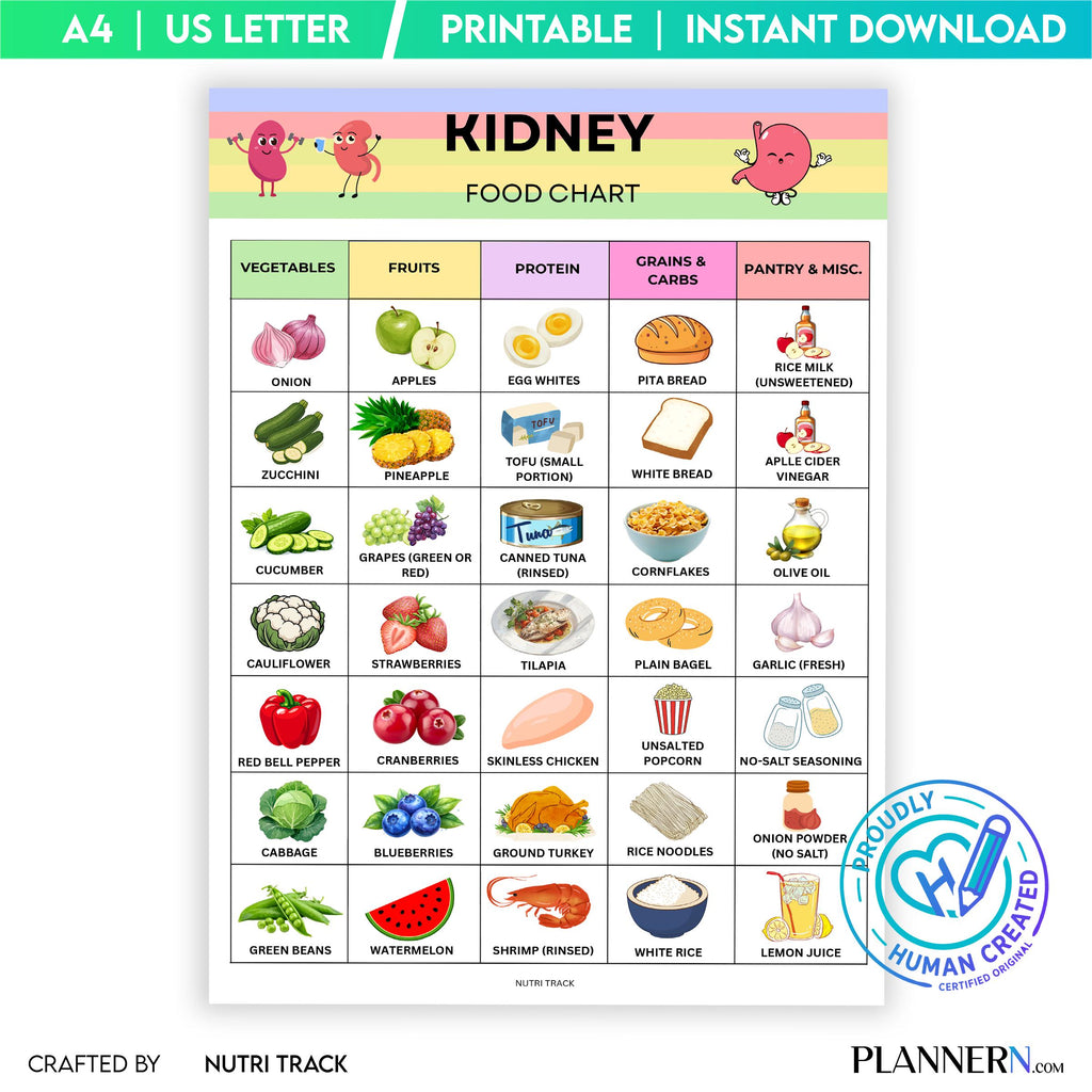 Kidney Food Chart Printable, Kidney Friendly Foods List, Renal Diet Food Guide, Low Sodium, Low Potassium F... | Nutri Track printable