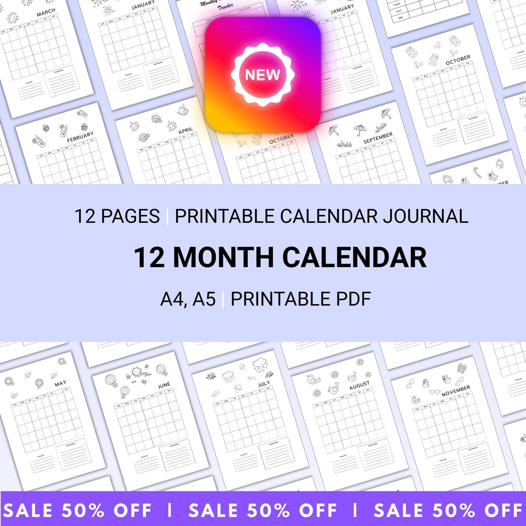 Bujo Template — 12 Month Calendar, Monthly Planner, Journal Calendar, PRINTABLE CALENDAR, Journal, Printabl... | Bloom Joyfully printable