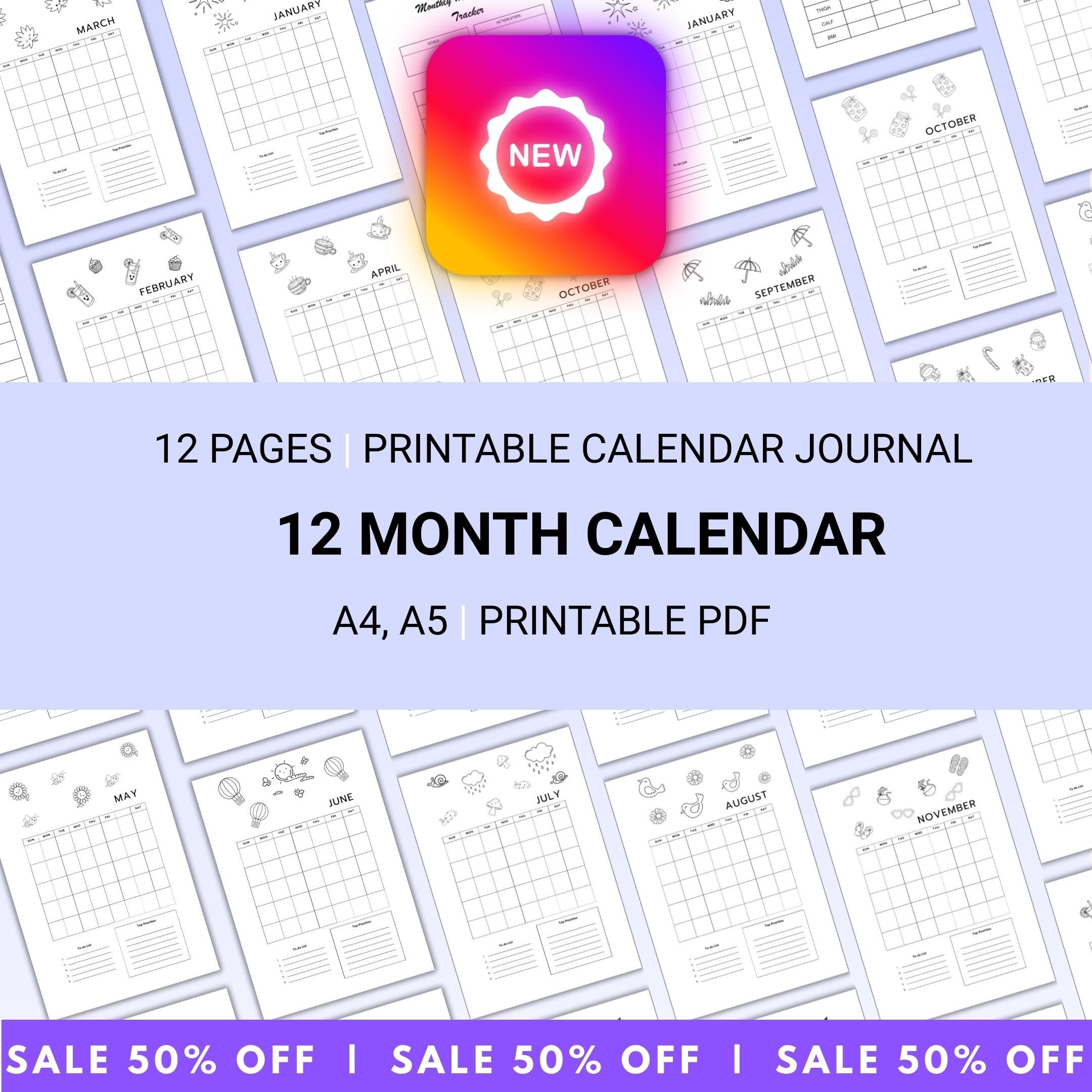 Bujo Template — 12 Month Calendar, Monthly Planner, Journal Calendar, PRINTABLE CALENDAR, Journal, Printabl... | Bloom Joyfully printable