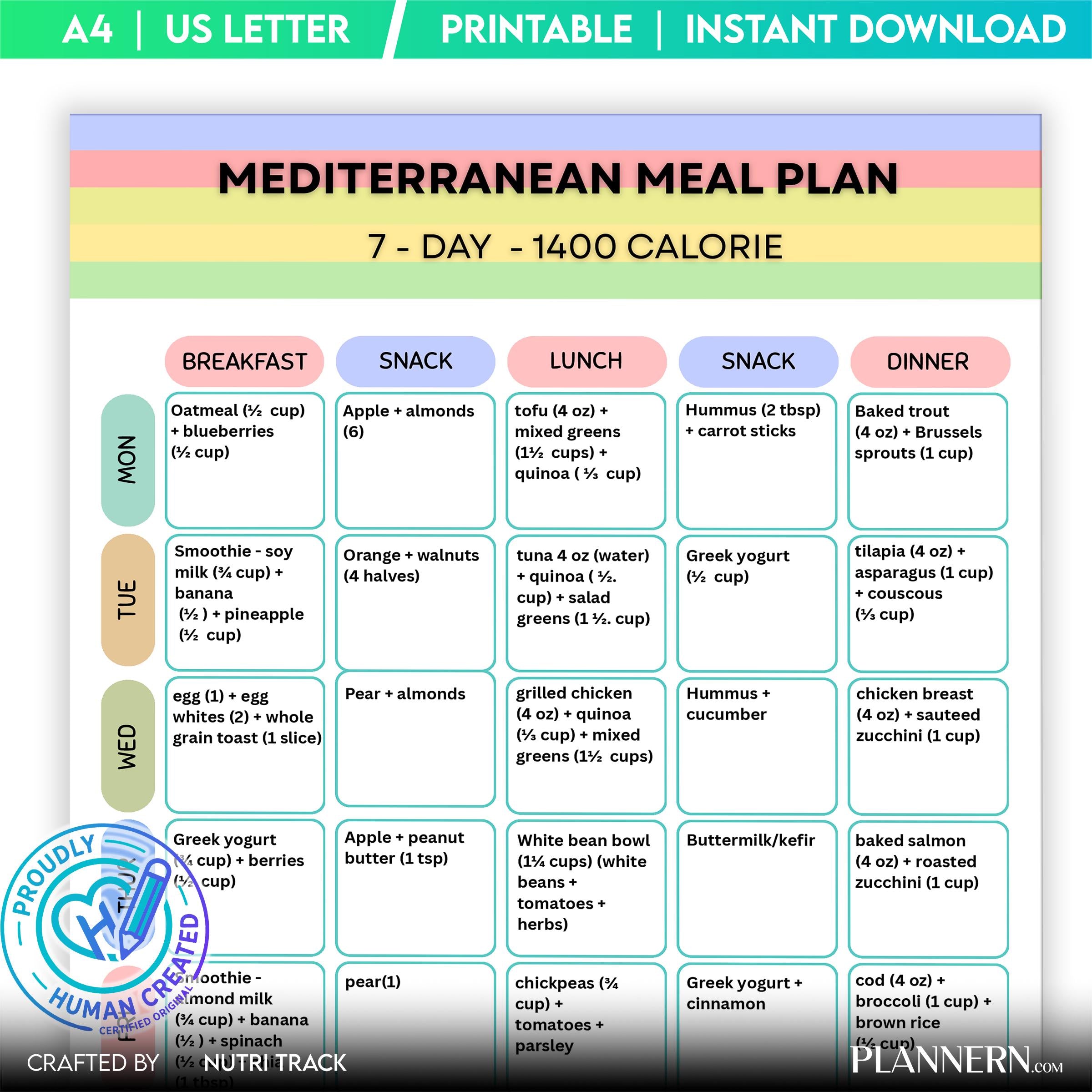 Mediterranean 1400 Calorie 7 Day Meal Plan Printable, Mediterranean Meal Plan 1400 Cal, Mediterranean Groce... | Nutri Track printable