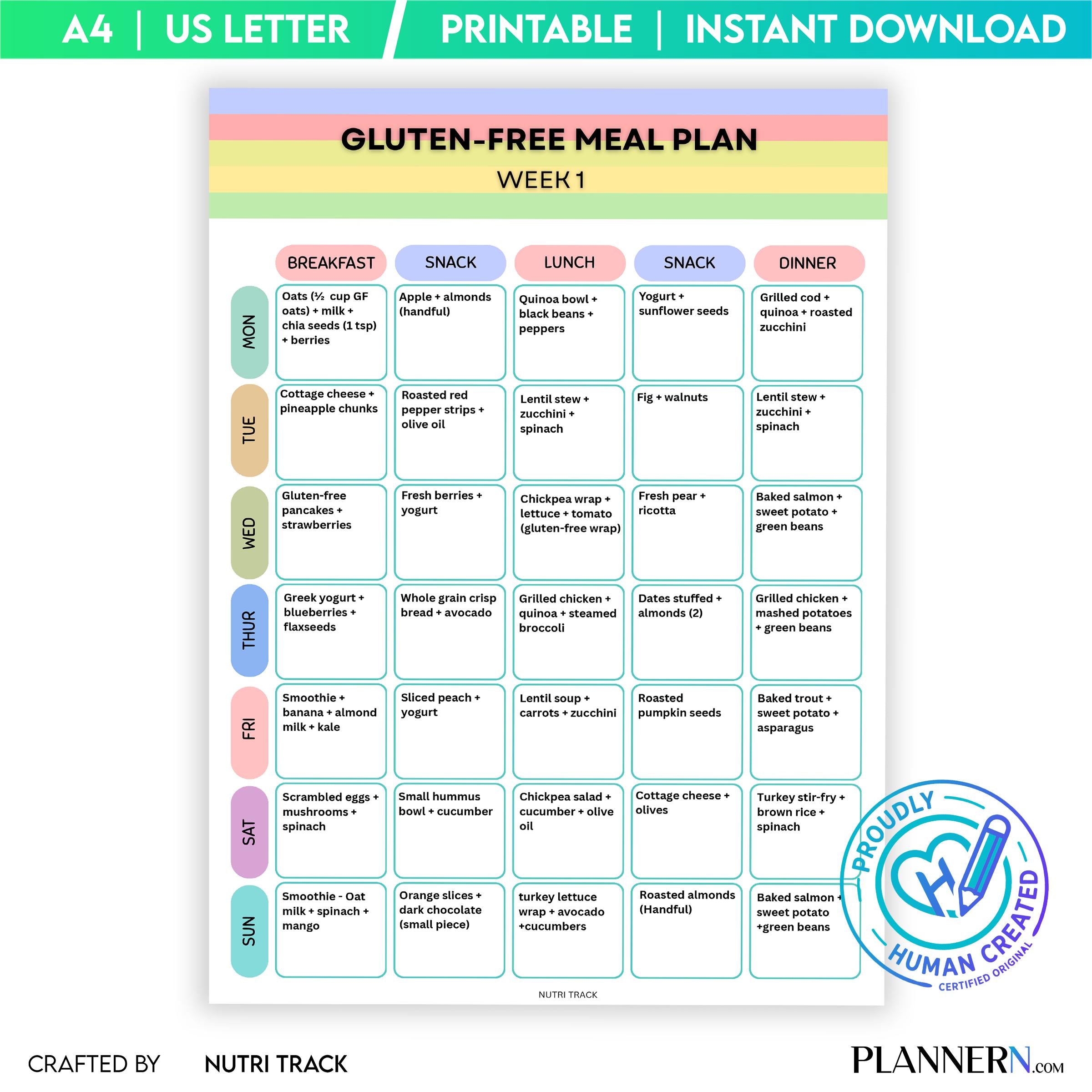 7 Day Meal Plan — Gluten Free Meal Plan 7 Day Printable, Weekly Gluten Free Diet Plan, Healthy Meal Planner... | Nutri Track printable