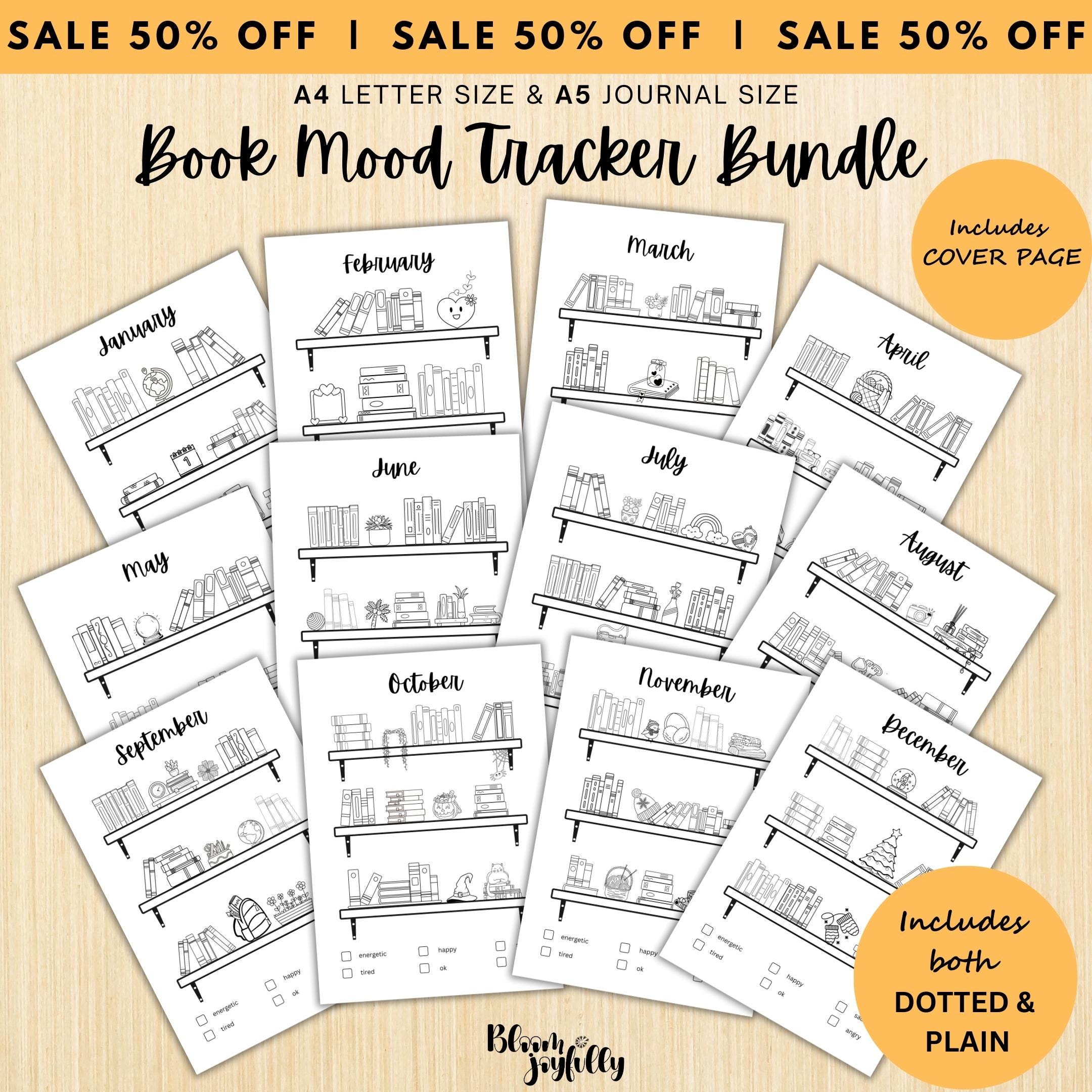 Bookish Mood Tracker — Book Mood Tracker Bundle, PRINTABLE Reading Journal Bundle, Printable Bookshelf Bund... | Mindfulness printable