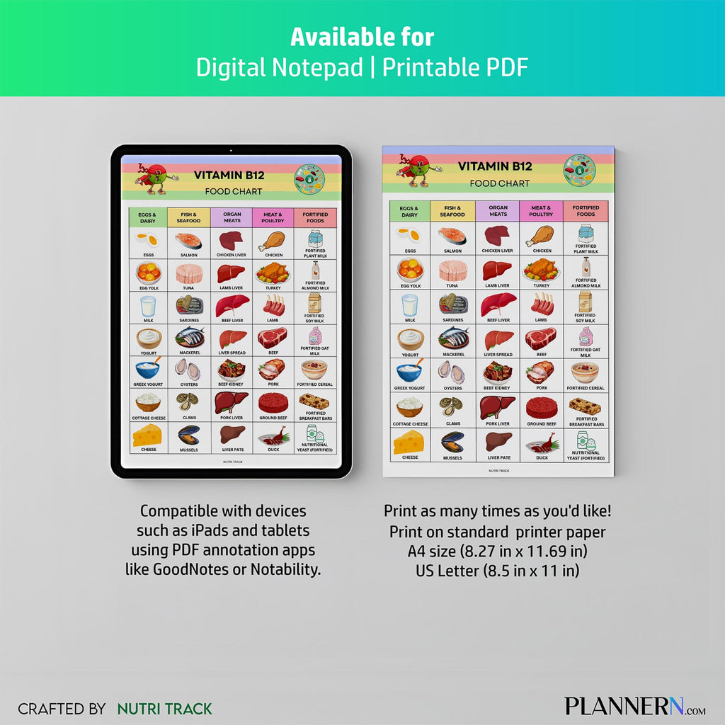 Vitamin B12 Food List Printable, B12 Rich Food Chart, Energy Supporting Foods, B12 Deficiency Diet Guide, H... | Nutri Track printable