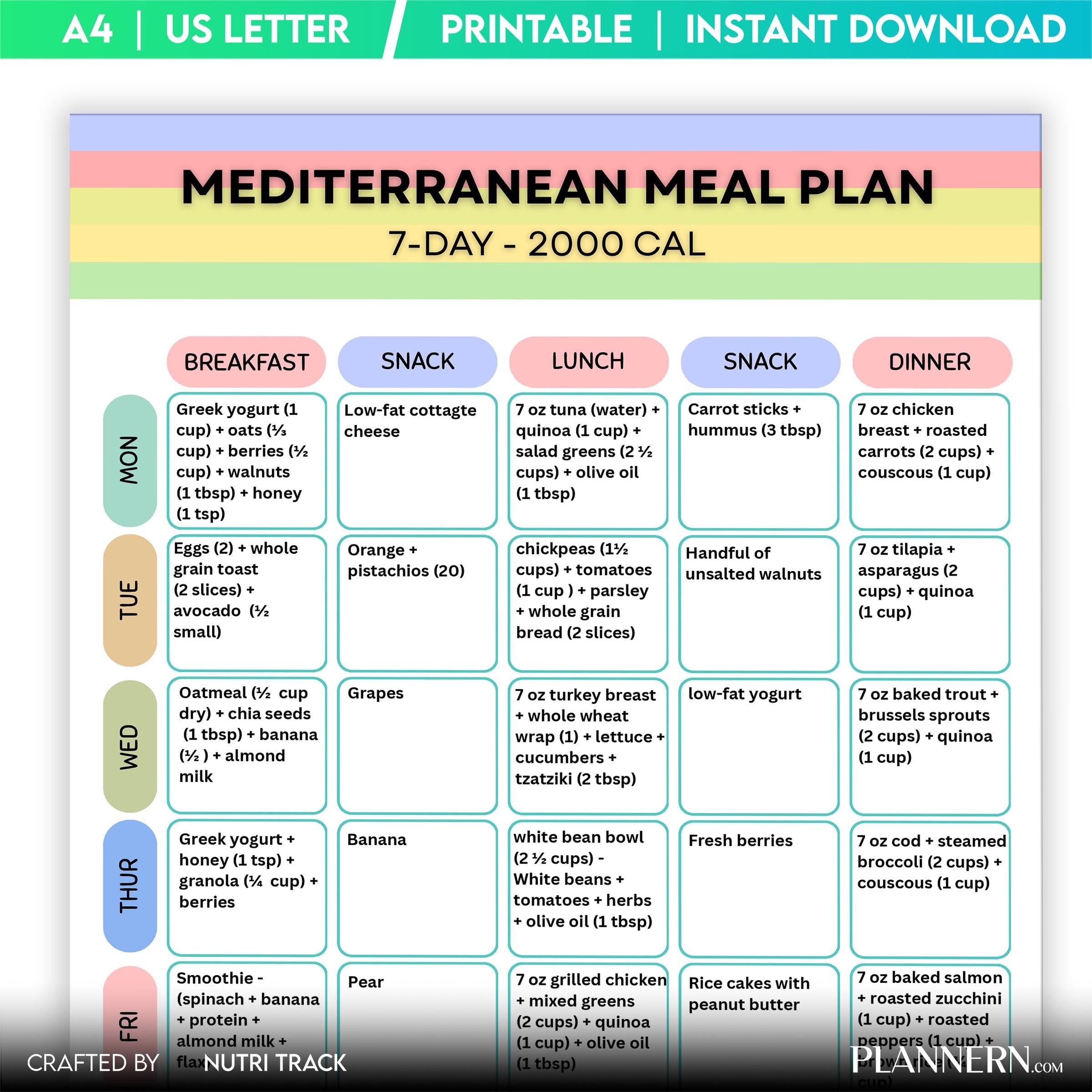 2000 Calorie — Mediterranean 7 Day Meal Plan (2000 Calorie) Printable, Mediterranean healthy Meal Plan & Gr... | Nutri Track printable