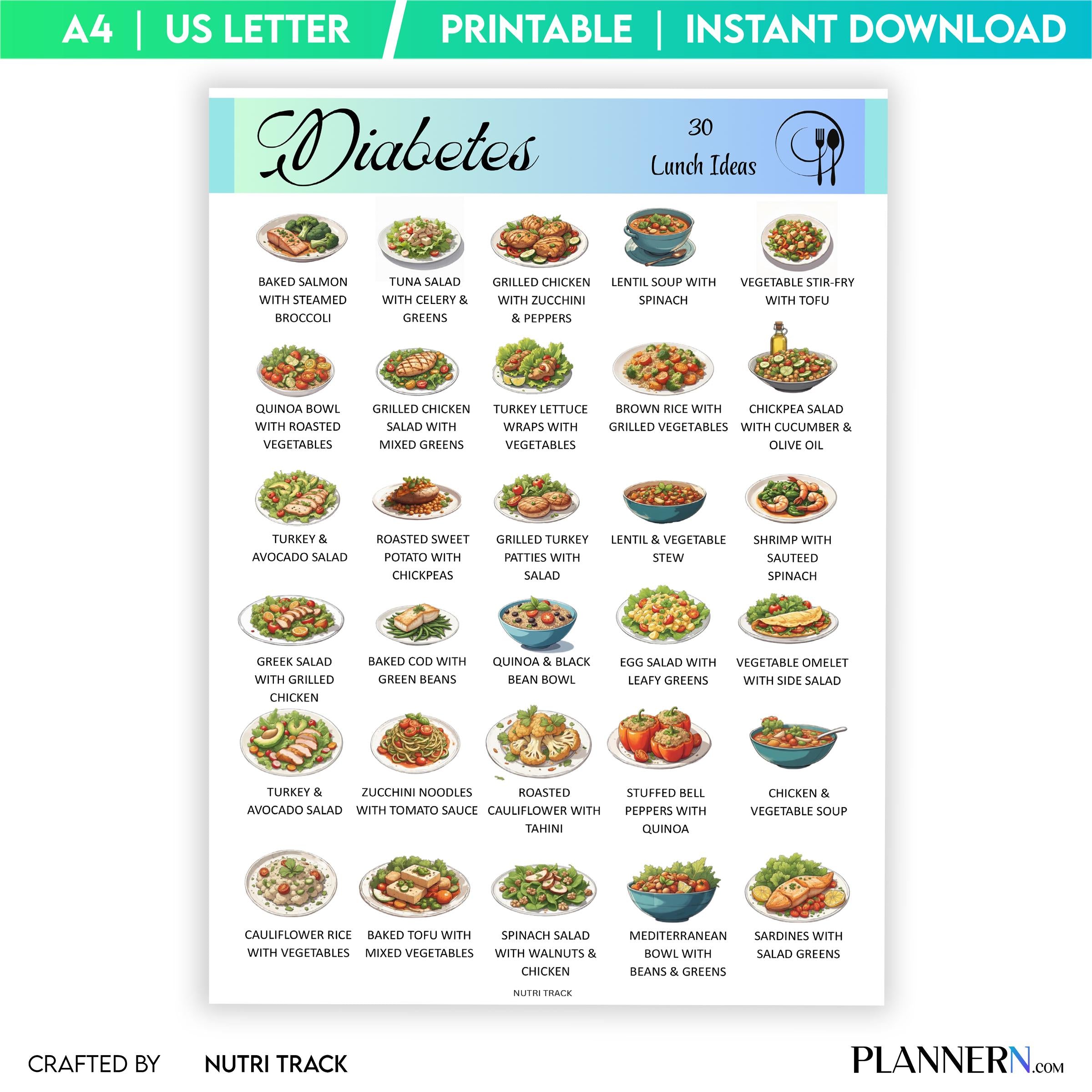 Blood Sugar Control — 30 Diabetes Friendly Lunch Ideas, Low Sugar Lunch Printable PDF, Blood Sugar Friendly... | Nutri Track printable