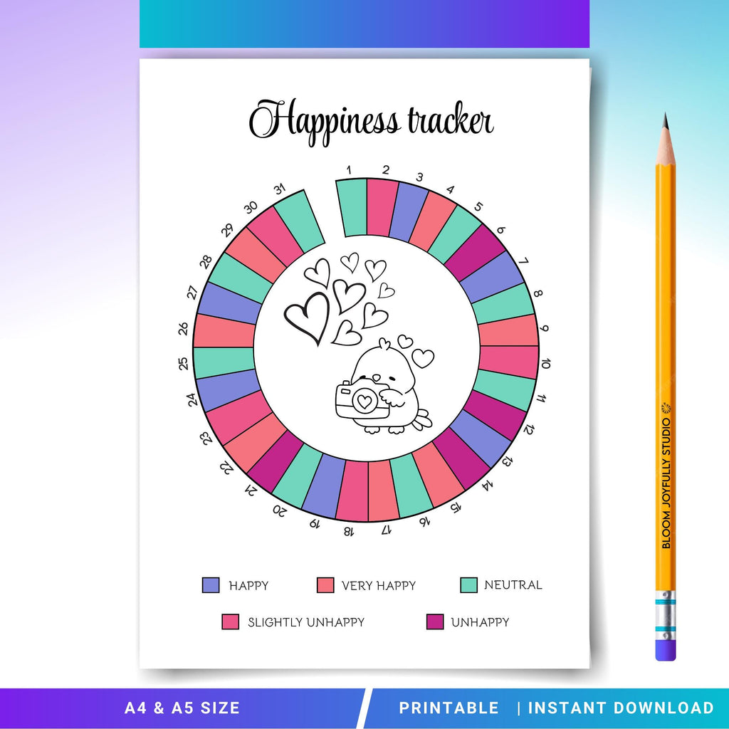 Daily Happiness — Happiness Tracker PRINTABLE, Daily Mood and Happiness Journal, Self, care Planner, Mindfu... | Mindfulness printable