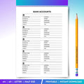Account Balance — Bank Accounts Information PRINTABLE, Personal Finance Organizer, Instant Download, A4, A5... | Bloom Joyfully printable