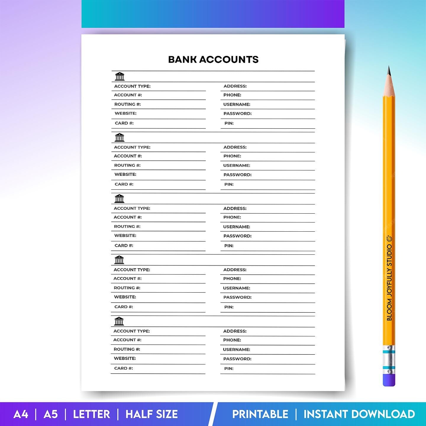 Account Balance — Bank Accounts Information PRINTABLE, Personal Finance Organizer, Instant Download, A4, A5... | Bloom Joyfully printable