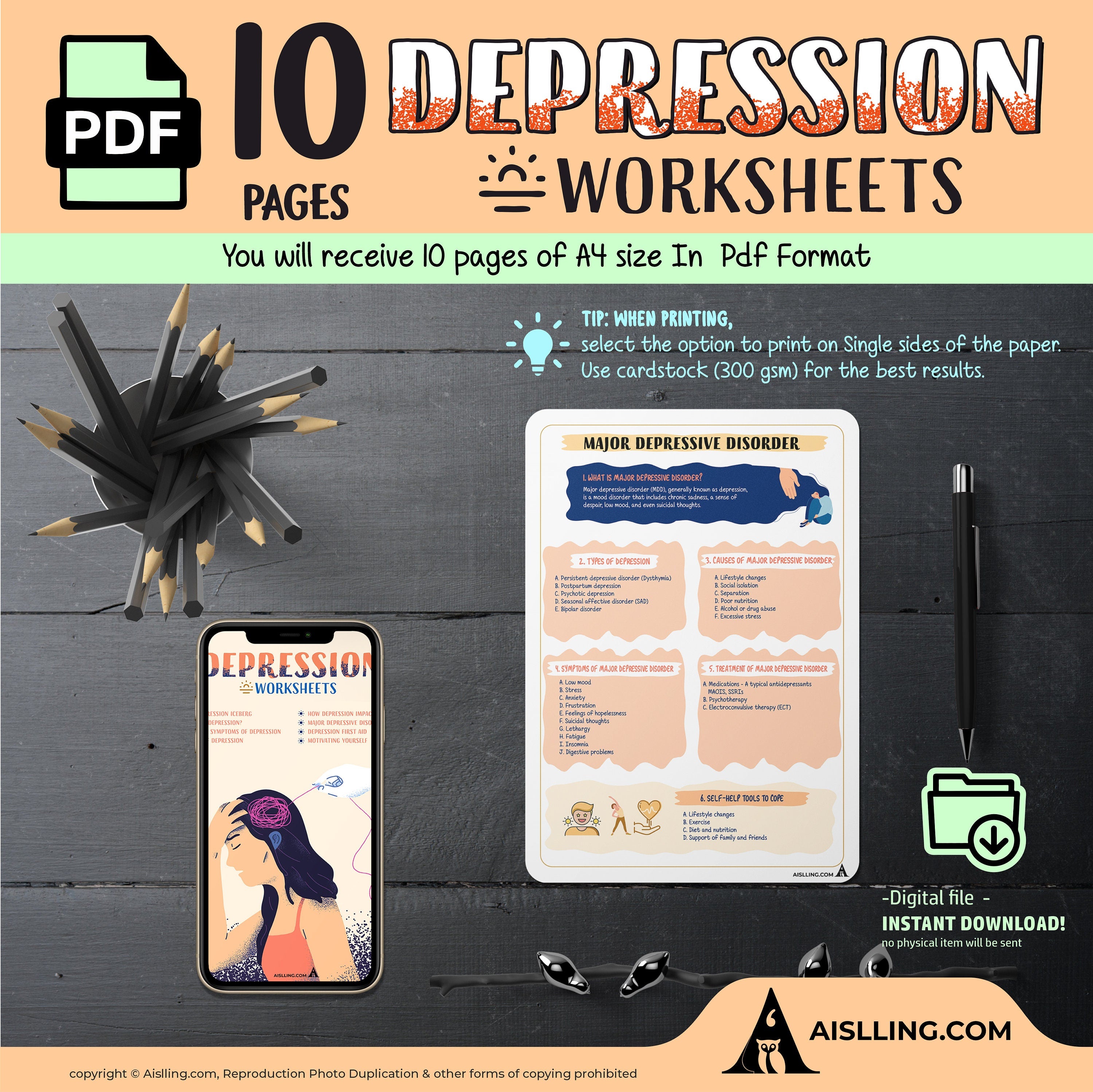 Depression Workbook, depression spiral, depression coping, cognitive restructuring, therapy worksheets, school counsellor, teen therapy