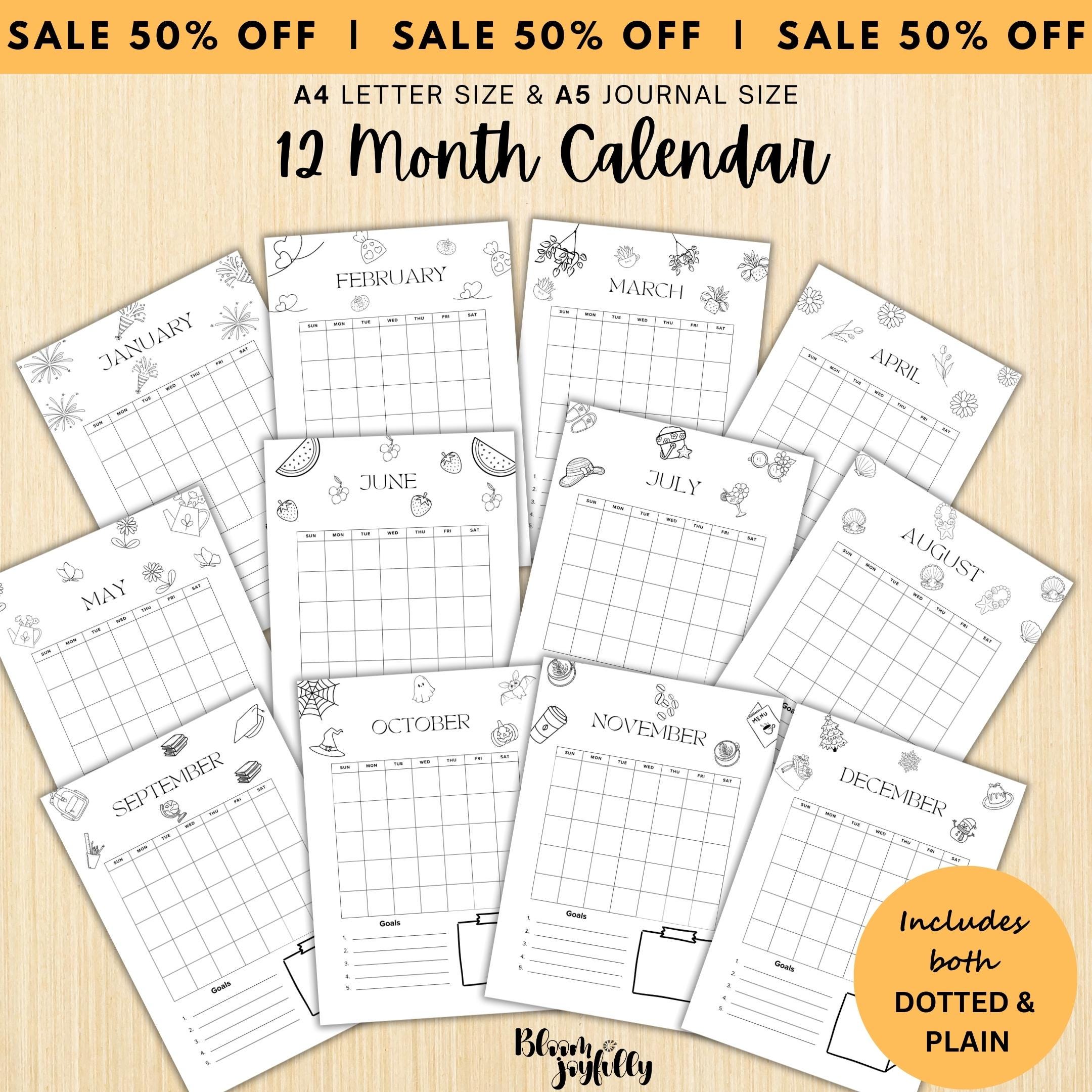 PRINTABLE 12 Month Calendar, Monthly Planner, Journal Calendar, PRINTABLE CALENDAR, Printable Digital Calen... | Bloom Joyfully printable